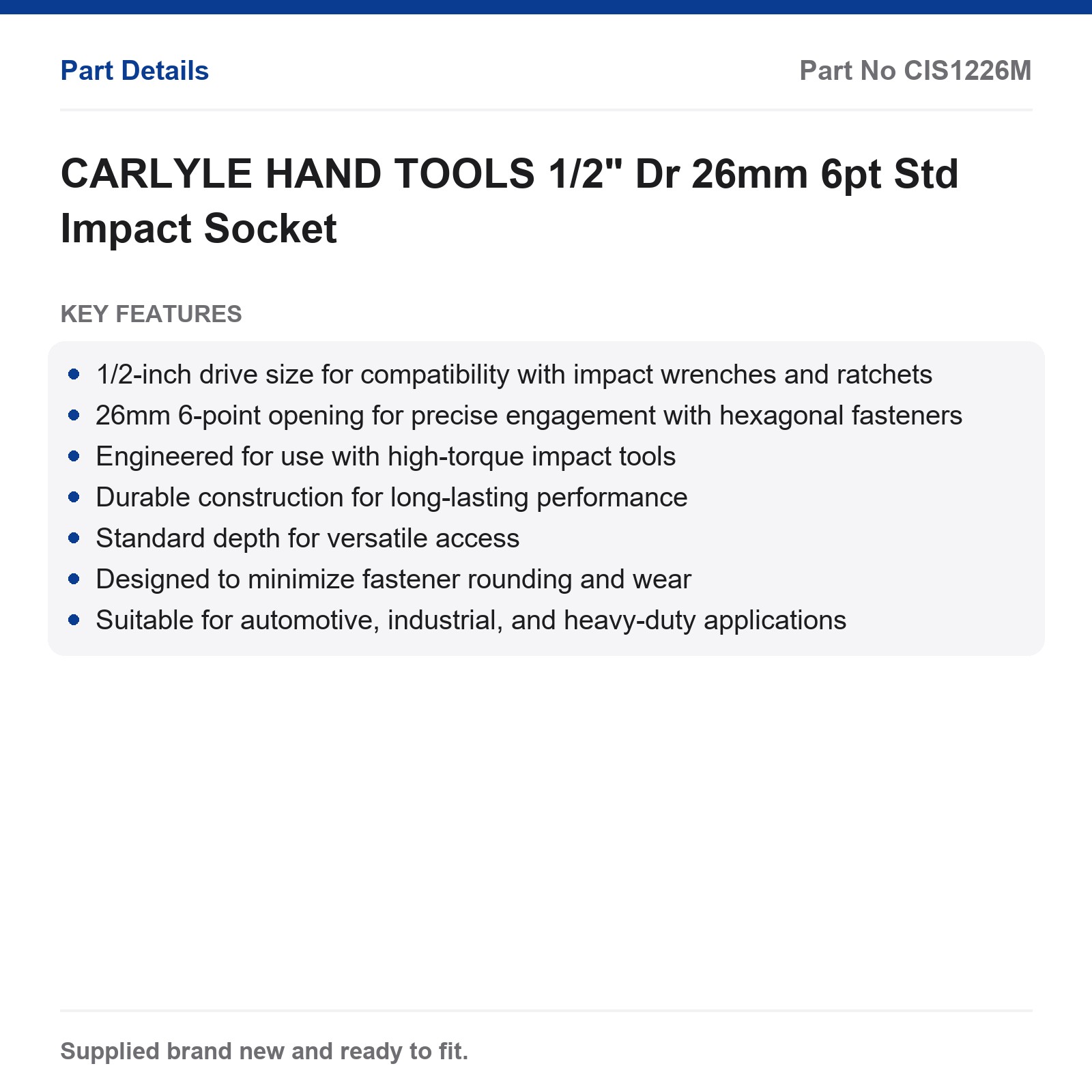 Impact Socket 1/2" Drive 26mm 6-Point Standard CARLYLE HAND TOOLS - Image 2