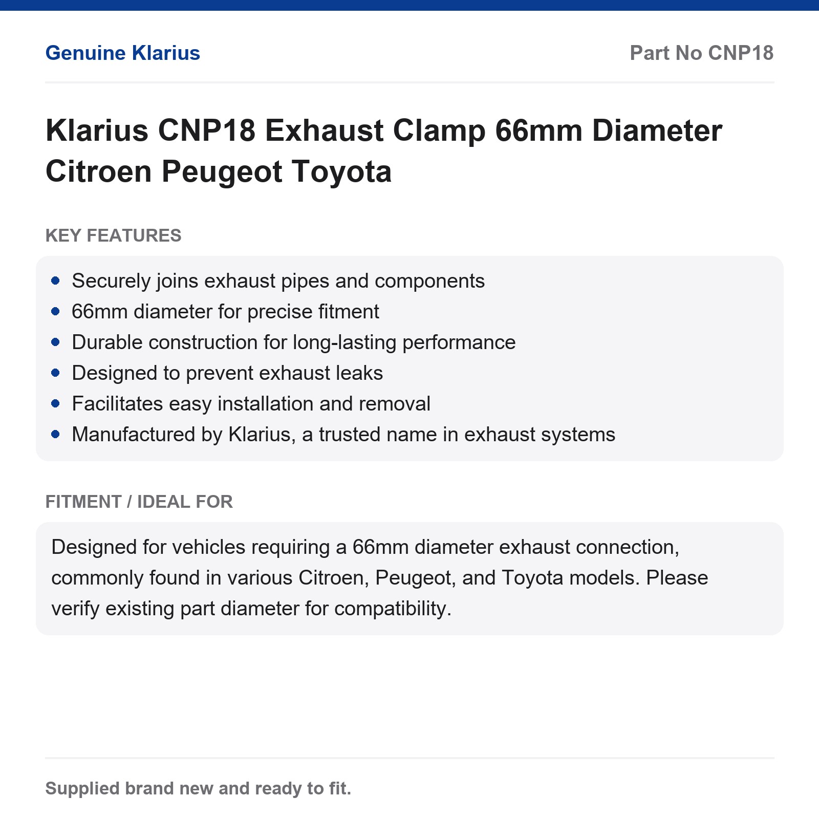 Klarius CNP18 Exhaust Clamp 66mm Diameter Citroen Peugeot Toyota - Image 2