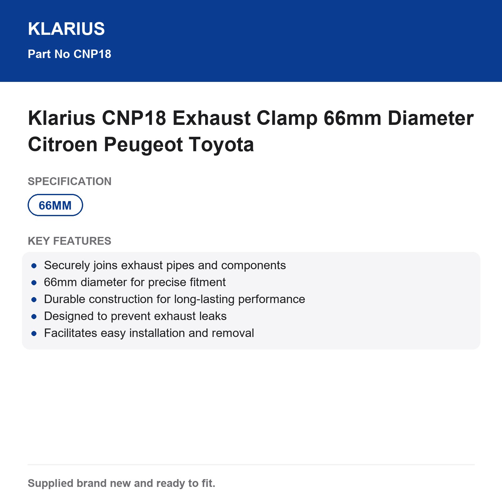 Klarius CNP18 Exhaust Clamp 66mm Diameter Citroen Peugeot Toyota - Image 3