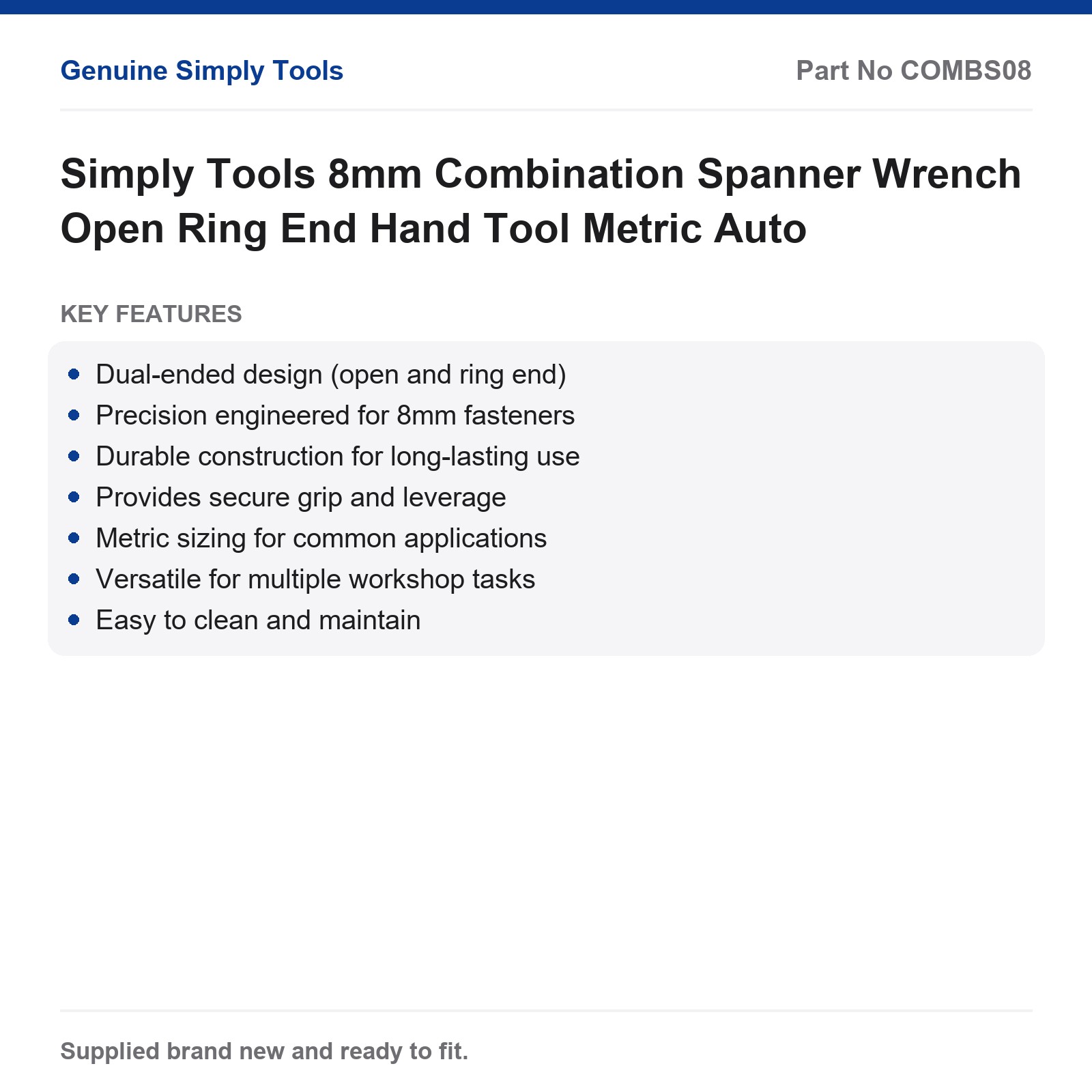 Simply Tools 8mm Combination Spanner Wrench Open Ring End Hand Tool Metric Auto - Image 2