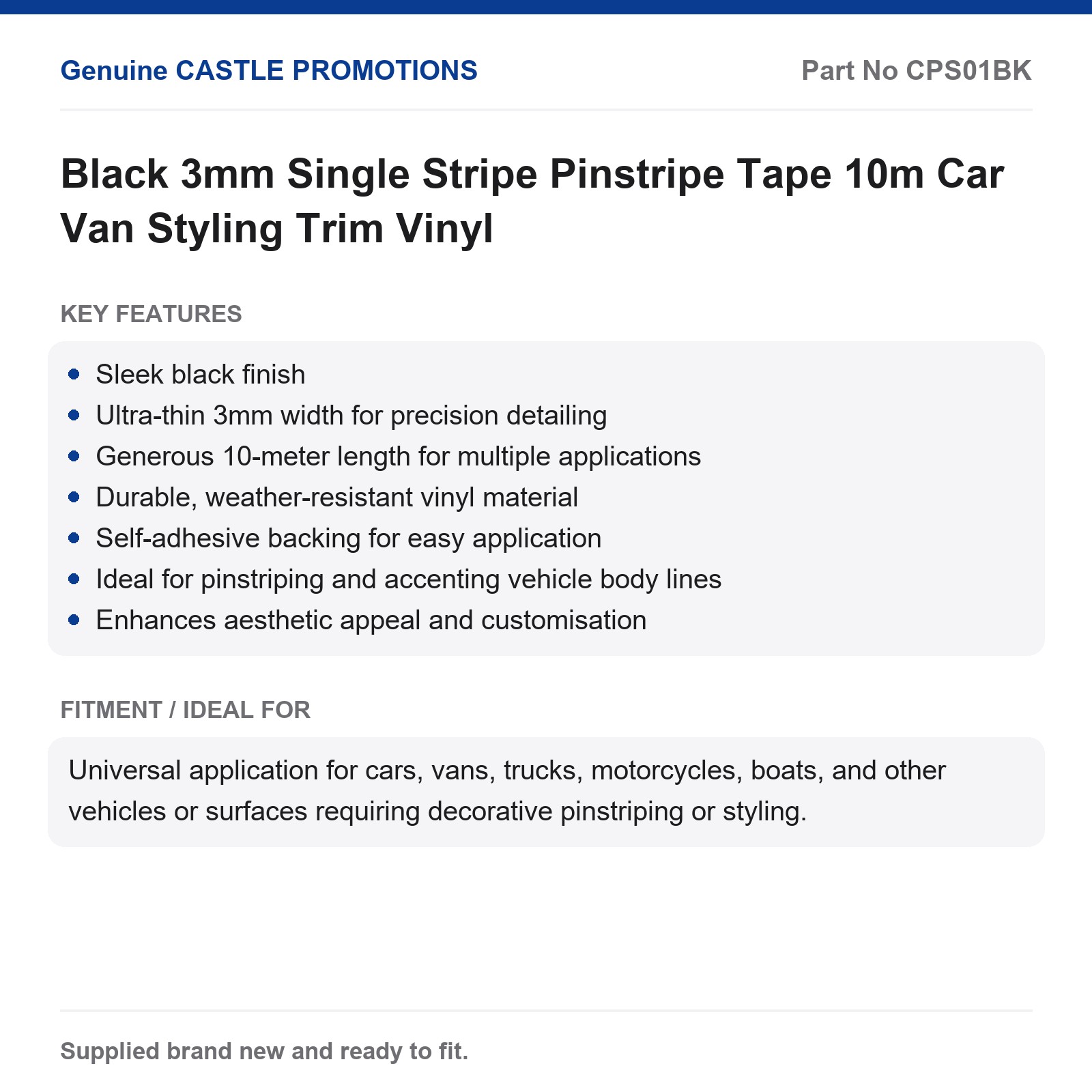 Pinstripe Tape Black 3mm Single Stripe 10m Car Van Styling Trim Vinyl - Image 2