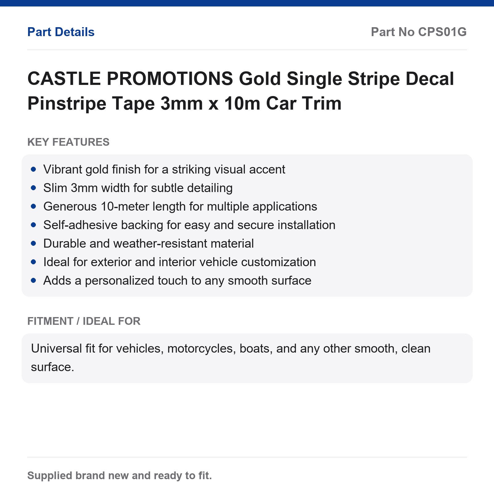 CASTLE PROMOTIONS Gold Pinstripe Tape Decal 3mm x 10m Car Trim - Image 3