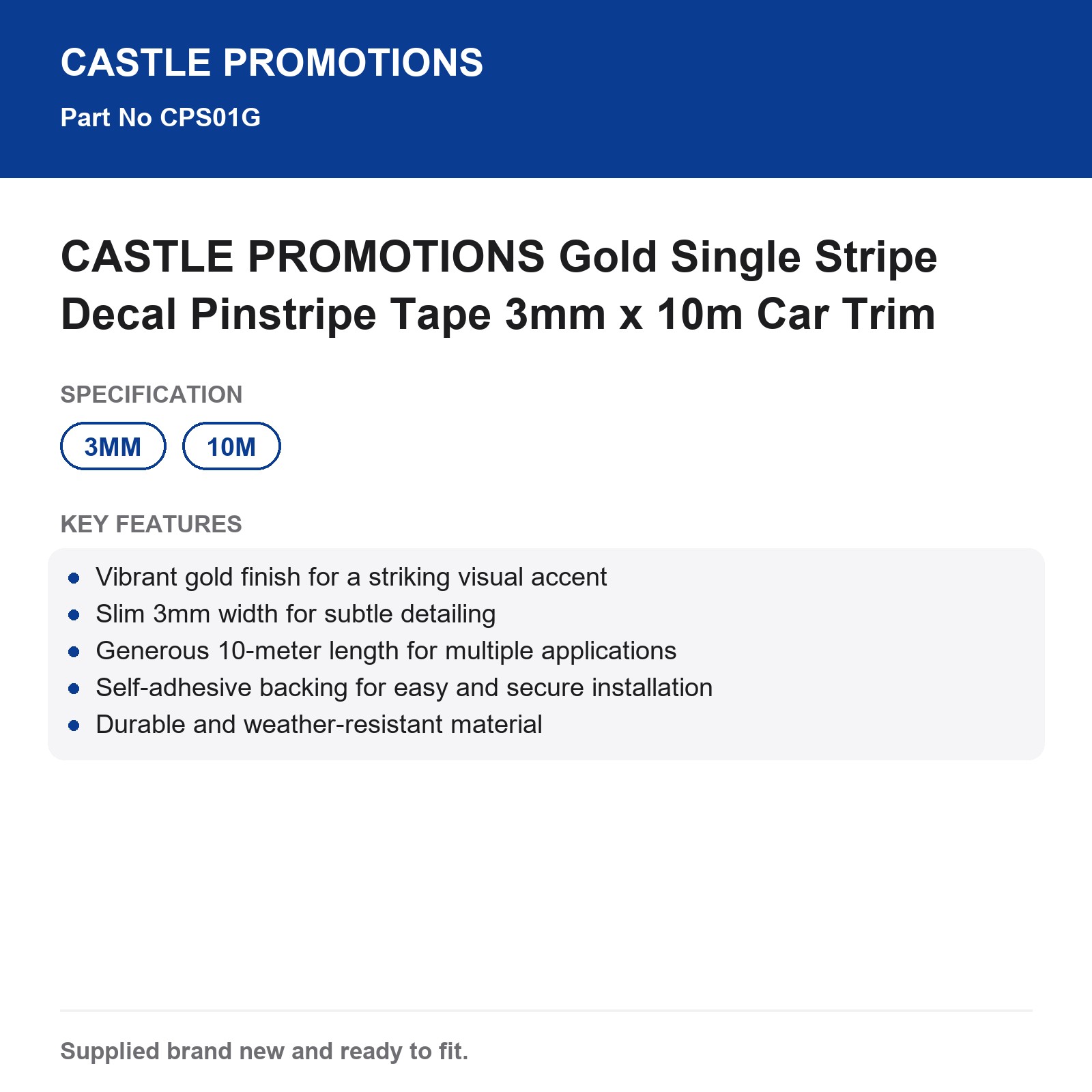 CASTLE PROMOTIONS Gold Pinstripe Tape Decal 3mm x 10m Car Trim - Image 4