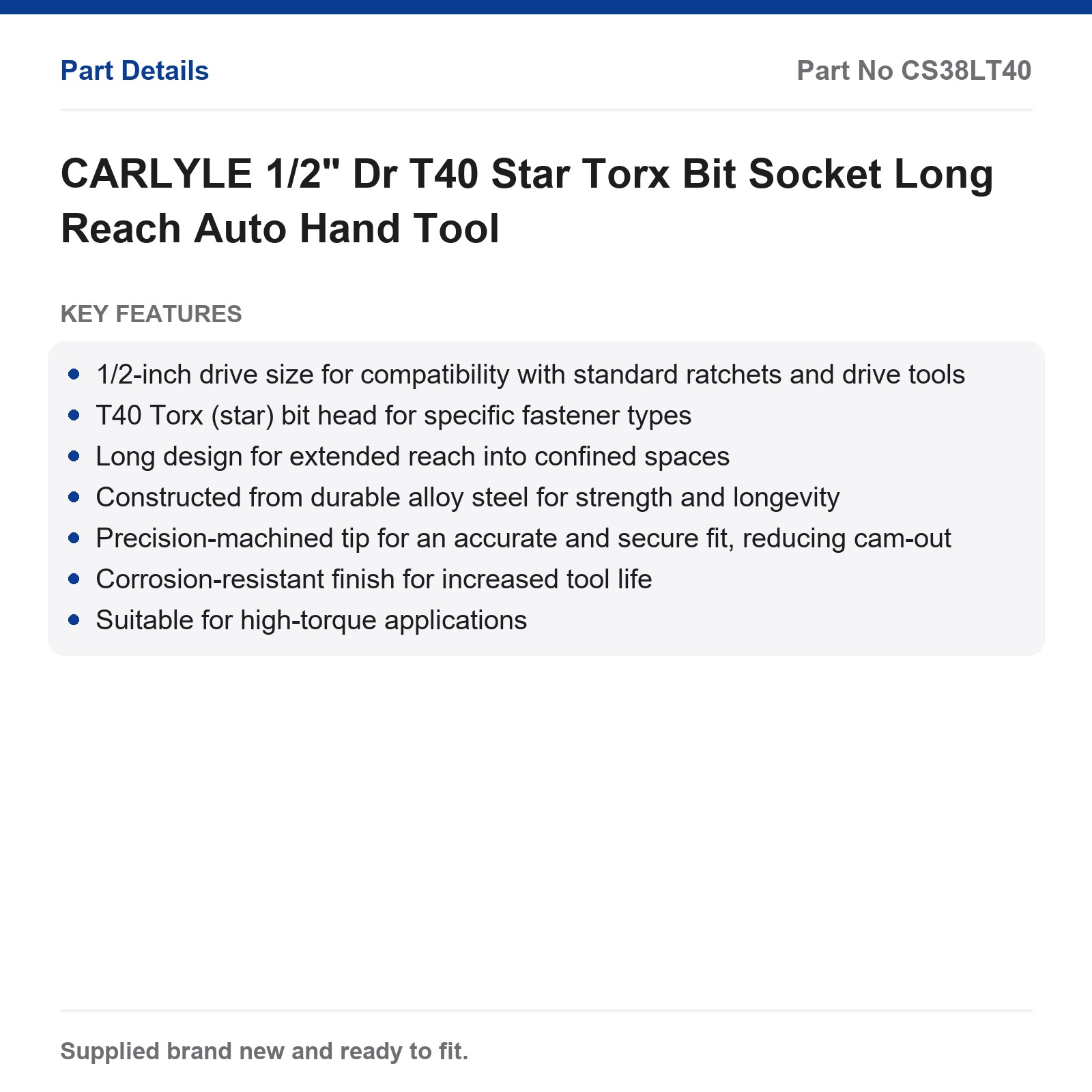 CARLYLE 1/2" Dr T40 Star Torx Bit Socket Long Reach Auto Hand Tool - Image 2