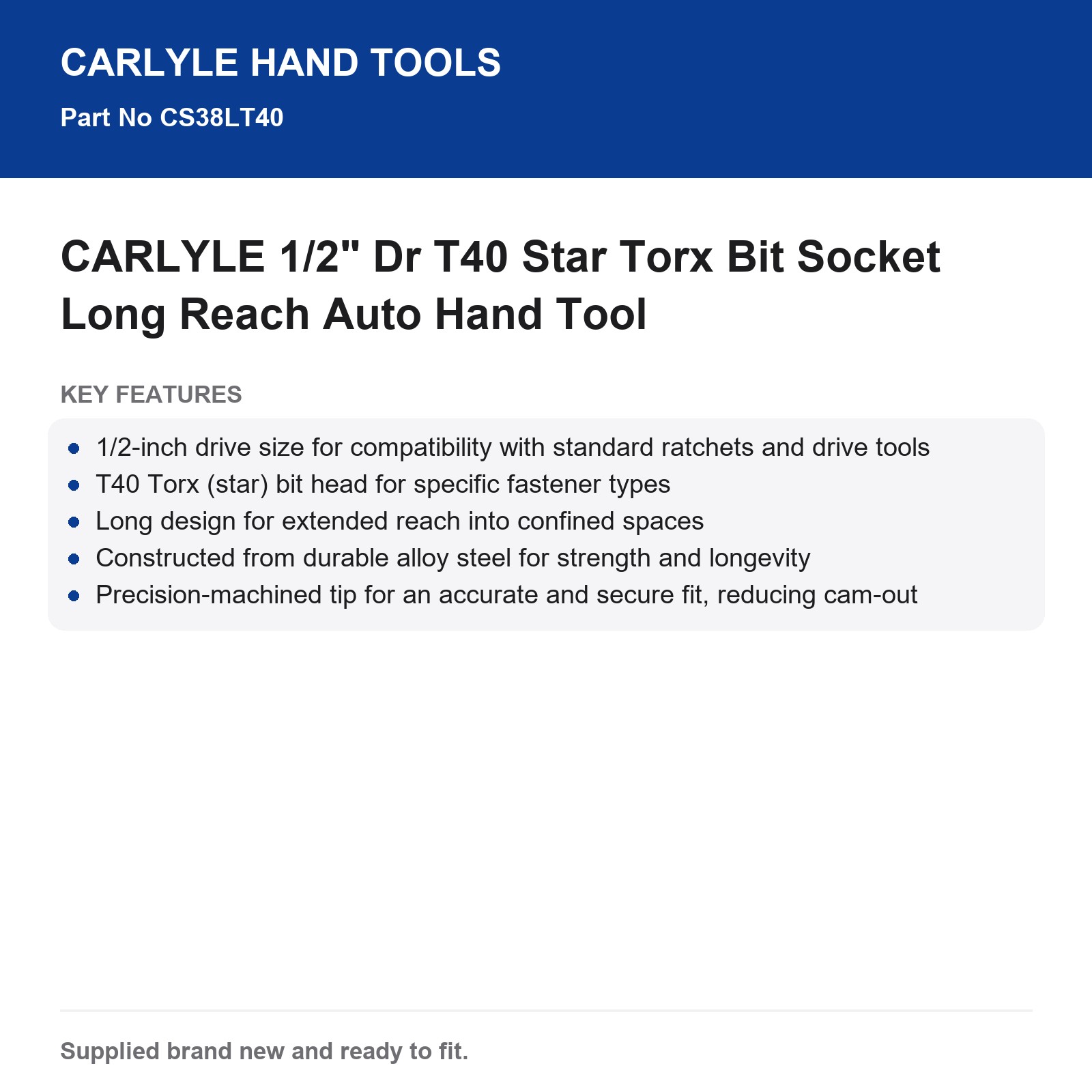 CARLYLE 1/2" Dr T40 Star Torx Bit Socket Long Reach Auto Hand Tool - Image 3
