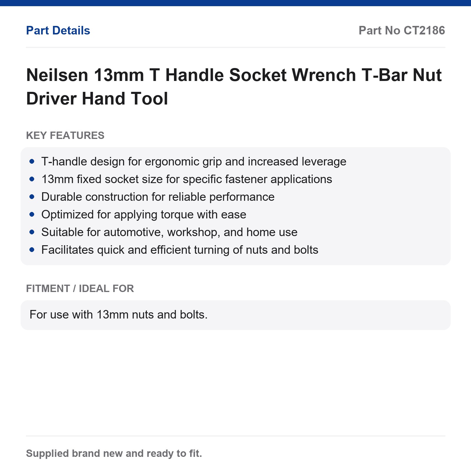 Neilsen 13mm T-Handle Socket Wrench T-Bar Nut Driver - Image 2