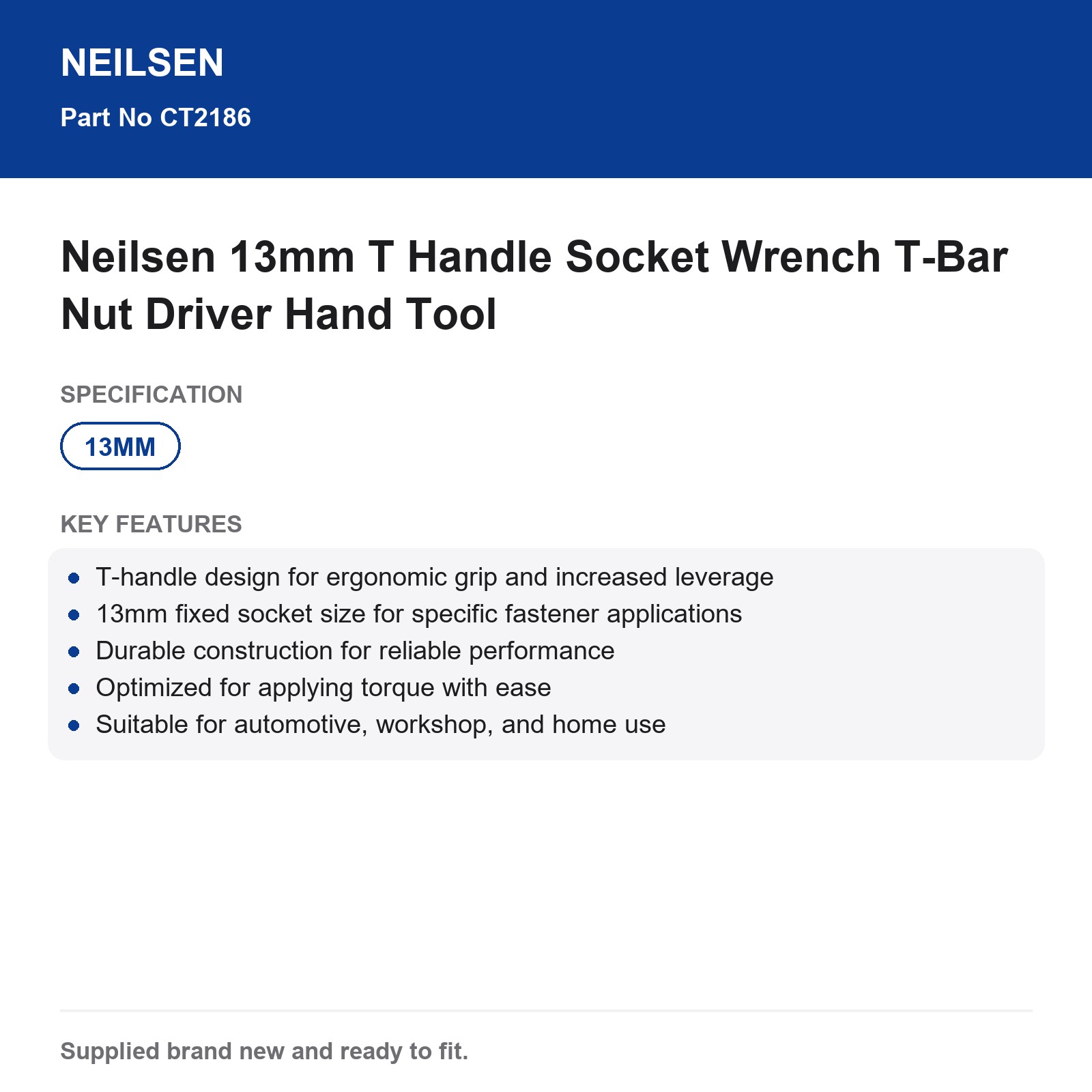 Neilsen 13mm T-Handle Socket Wrench T-Bar Nut Driver - Image 3
