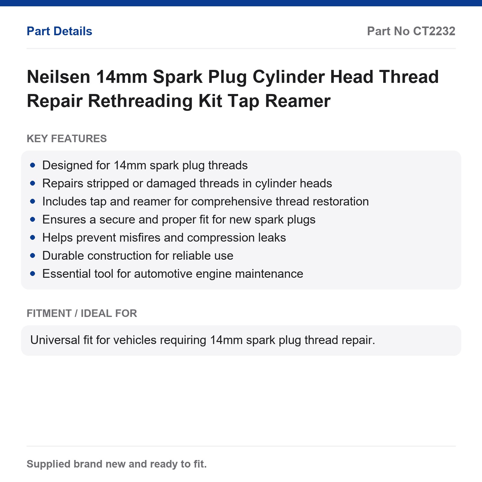 Neilsen 14mm Spark Plug Thread Repair Kit Cylinder Head Tap Reamer - Image 2