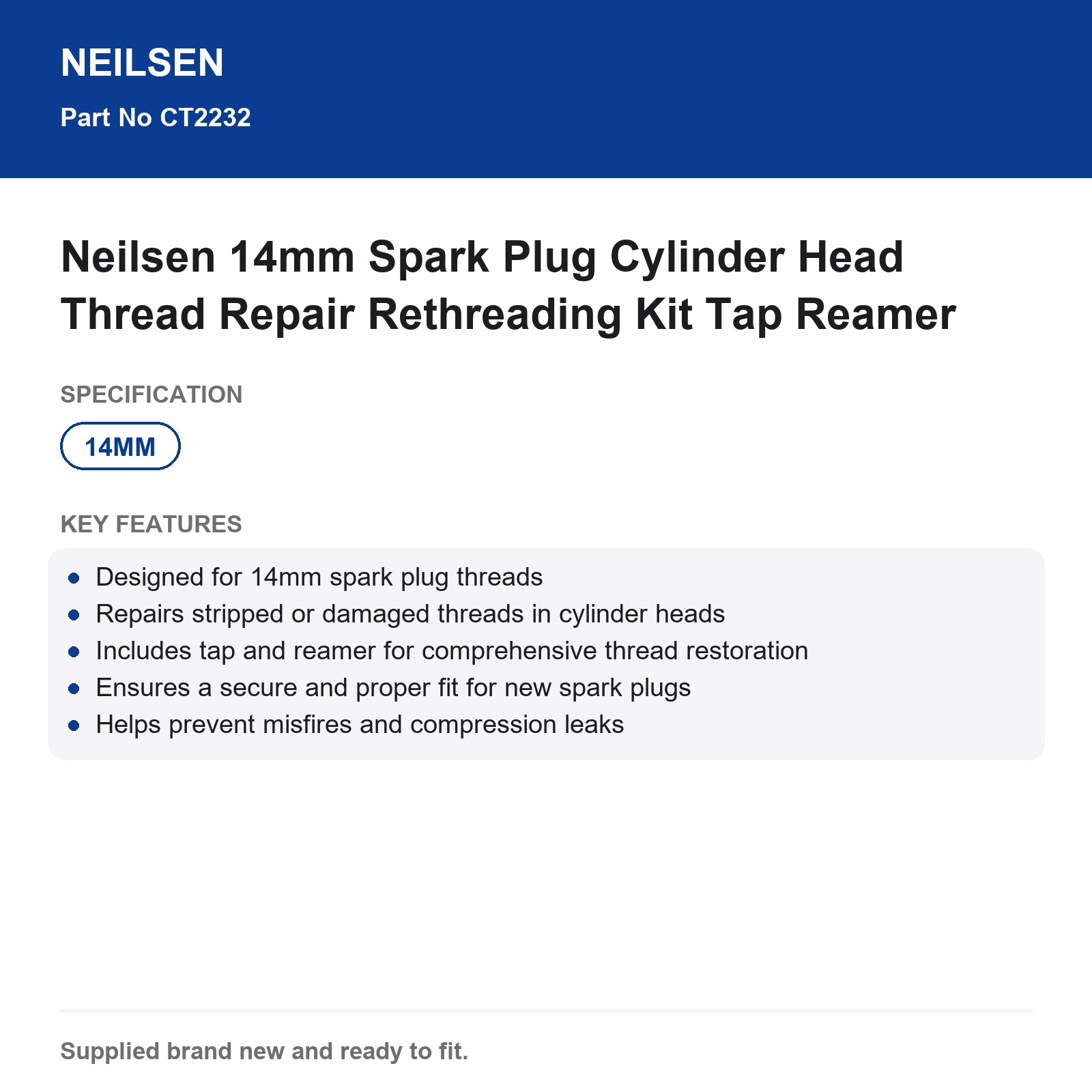 Neilsen 14mm Spark Plug Thread Repair Kit Cylinder Head Tap Reamer - Image 3