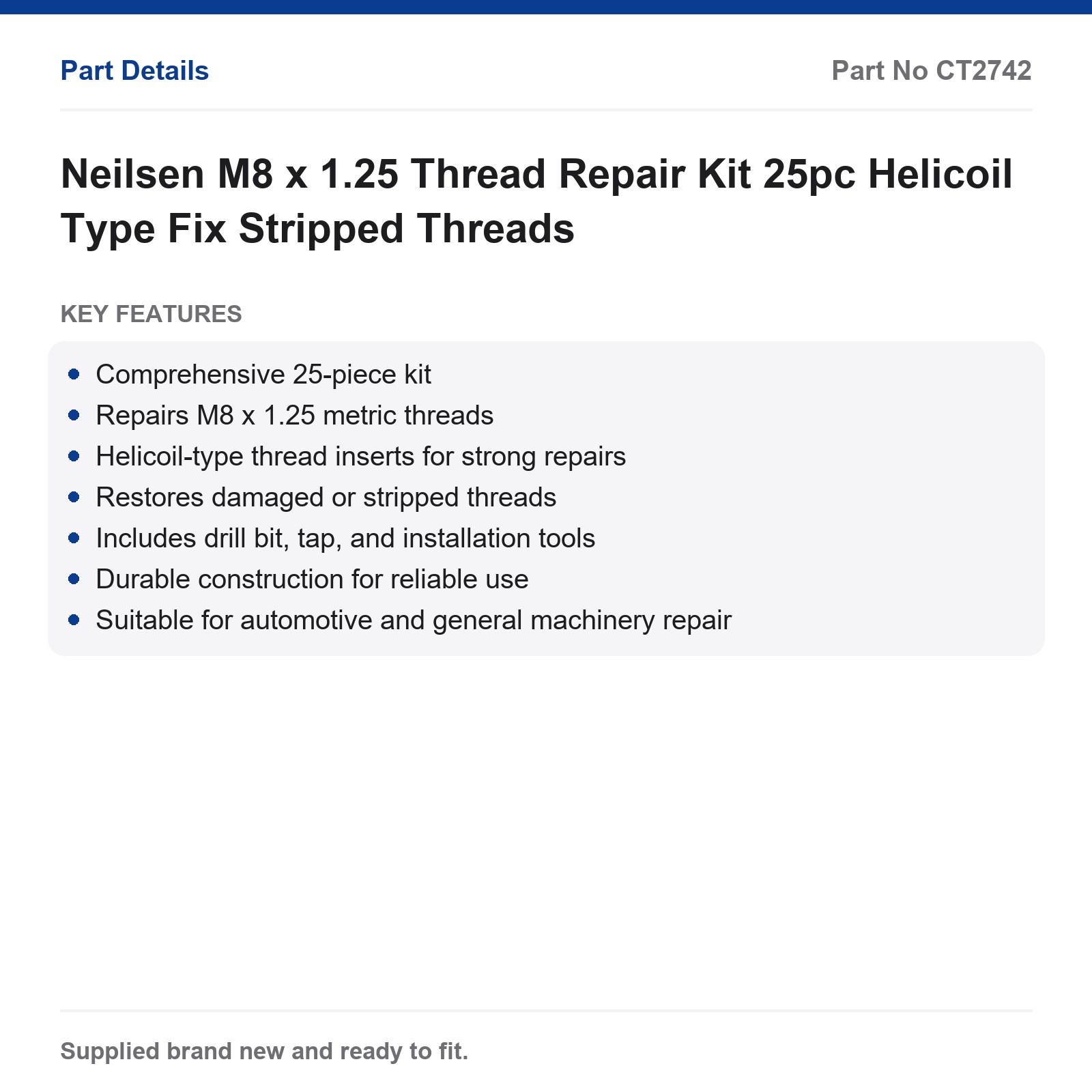Neilsen M8 x 1.25 Thread Repair Kit 25pc Helicoil Type Fix Stripped Threads - Image 2