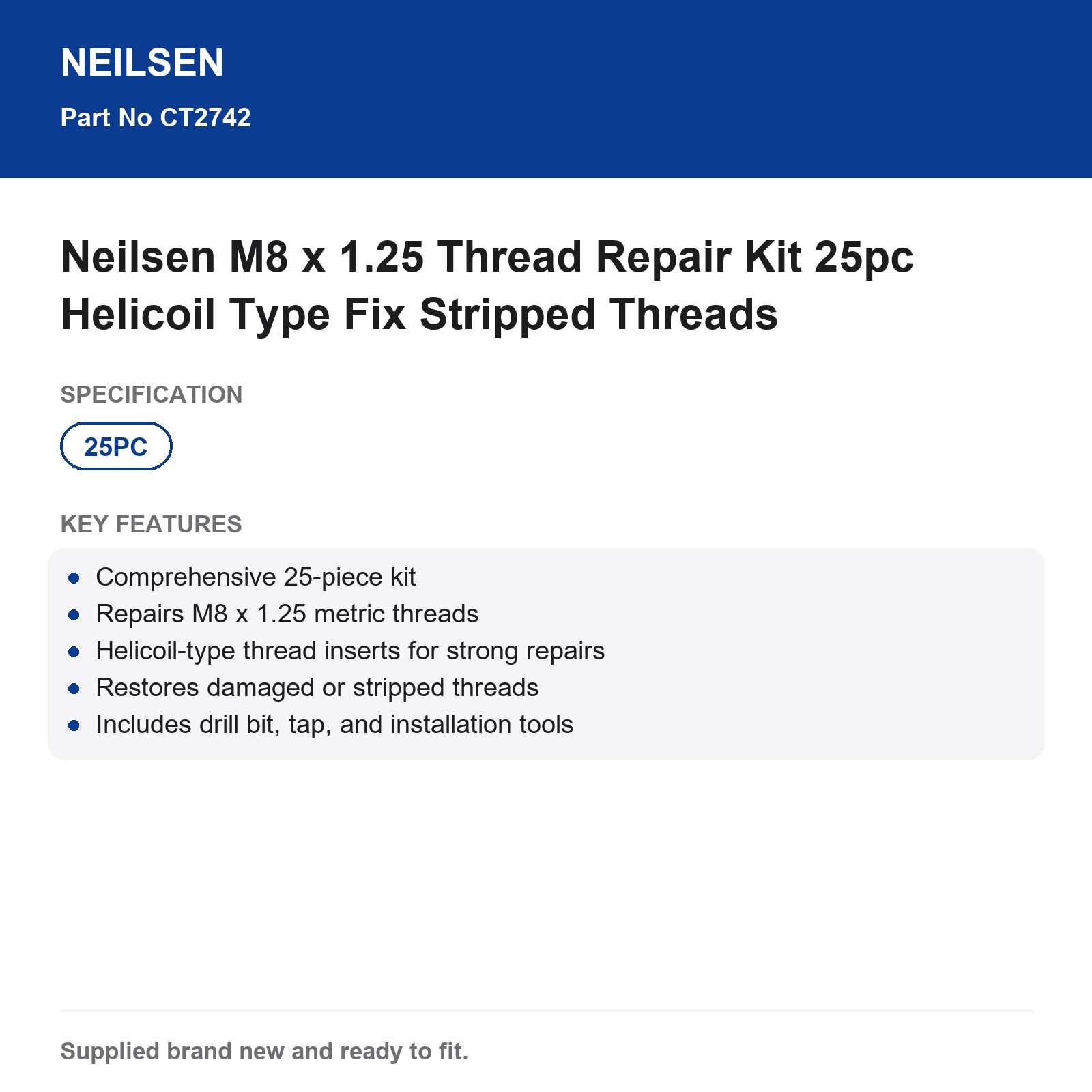 Neilsen M8 x 1.25 Thread Repair Kit 25pc Helicoil Type Fix Stripped Threads - Image 3