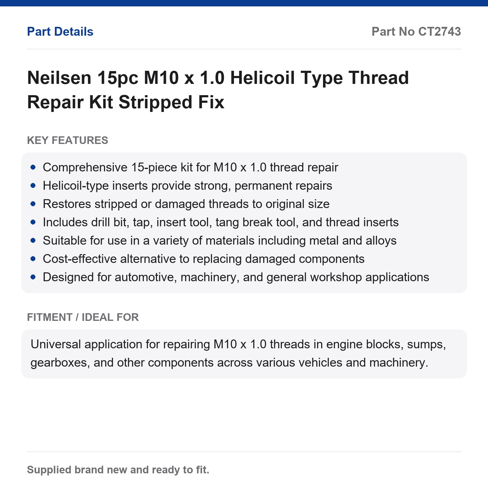 Neilsen 15pc M10 x 1.0 Helicoil Type Thread Repair Kit Stripped Fix - Image 2