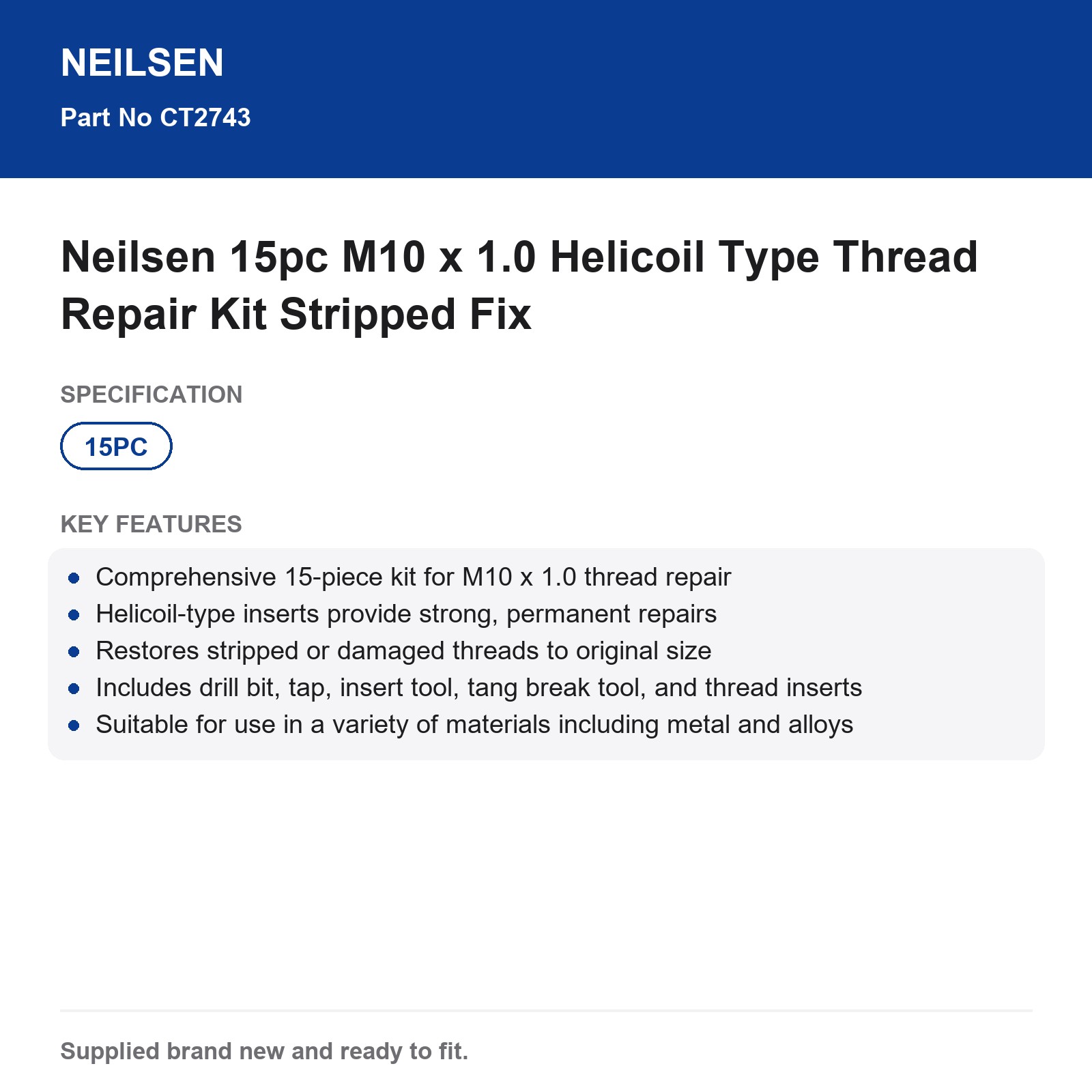 Neilsen 15pc M10 x 1.0 Helicoil Type Thread Repair Kit Stripped Fix - Image 3