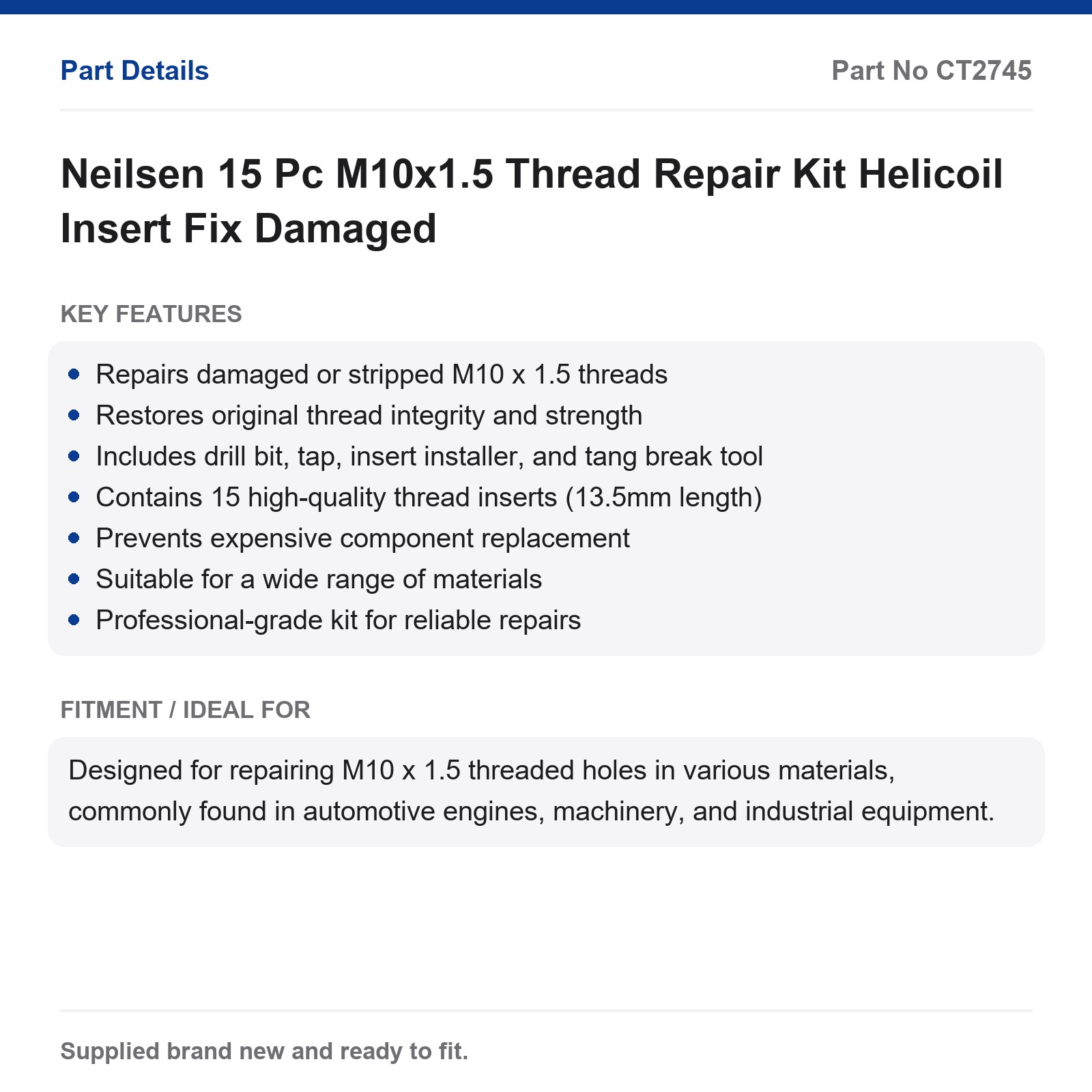 Neilsen M10x1.5 Thread Repair Kit 15 Pc Helicoil Insert Fix - Image 2