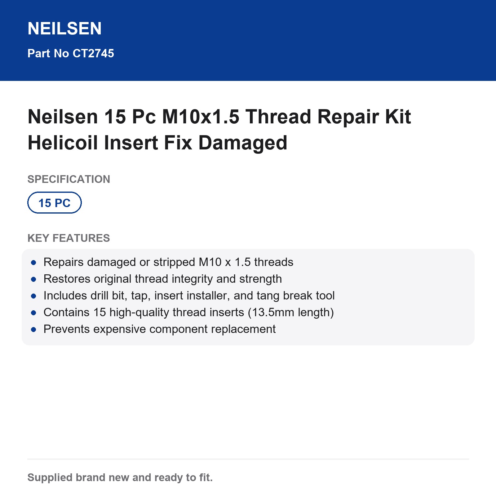 Neilsen M10x1.5 Thread Repair Kit 15 Pc Helicoil Insert Fix - Image 3