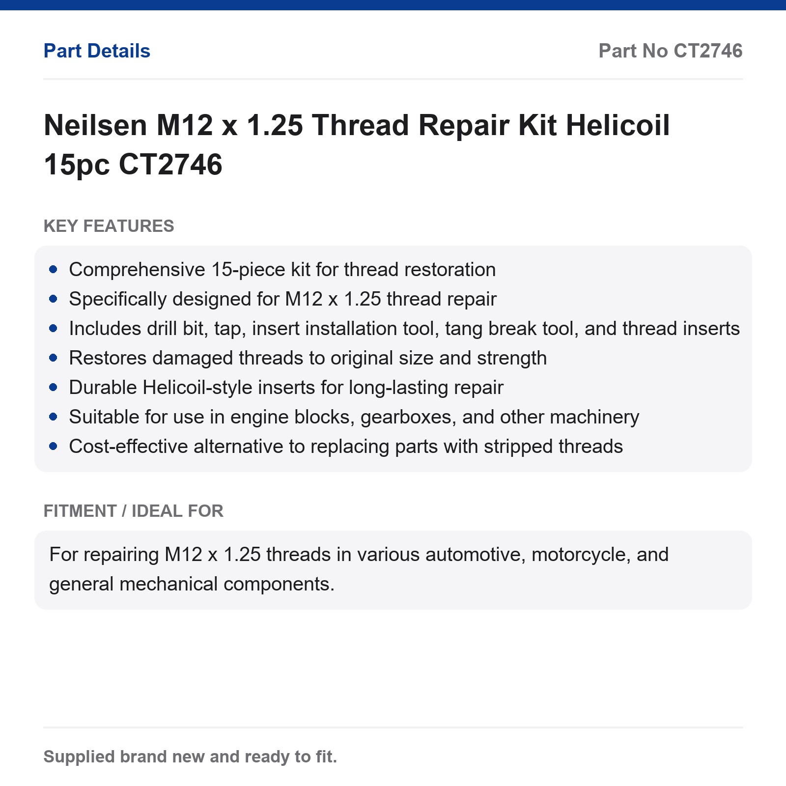 M12 x 1.25 Thread Repair Kit Helicoil Neilsen 15pc CT2746 - Image 2
