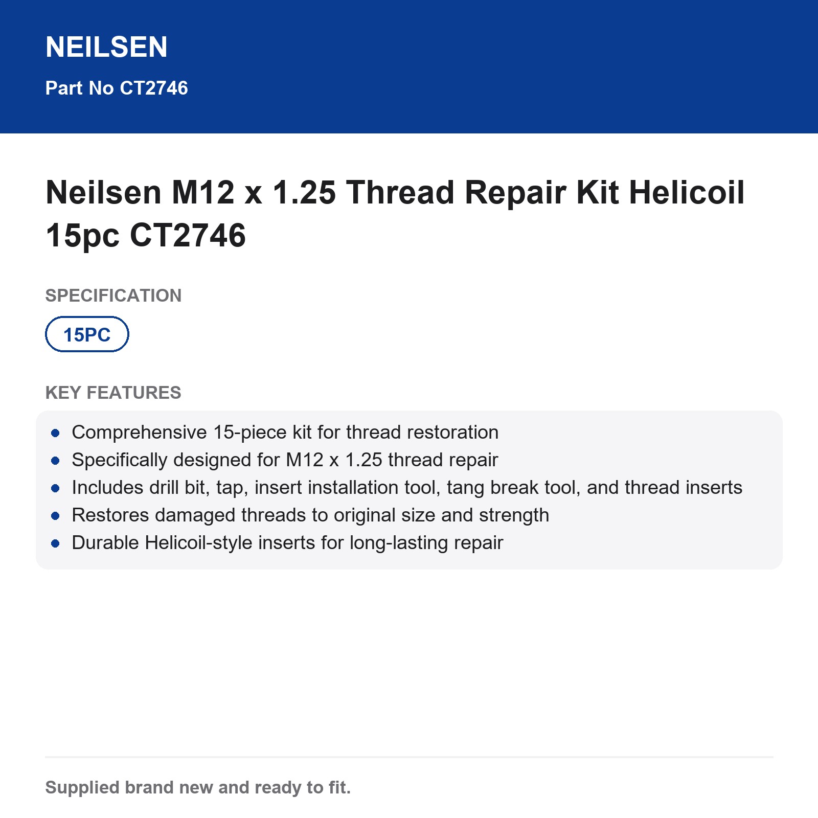 M12 x 1.25 Thread Repair Kit Helicoil Neilsen 15pc CT2746 - Image 3