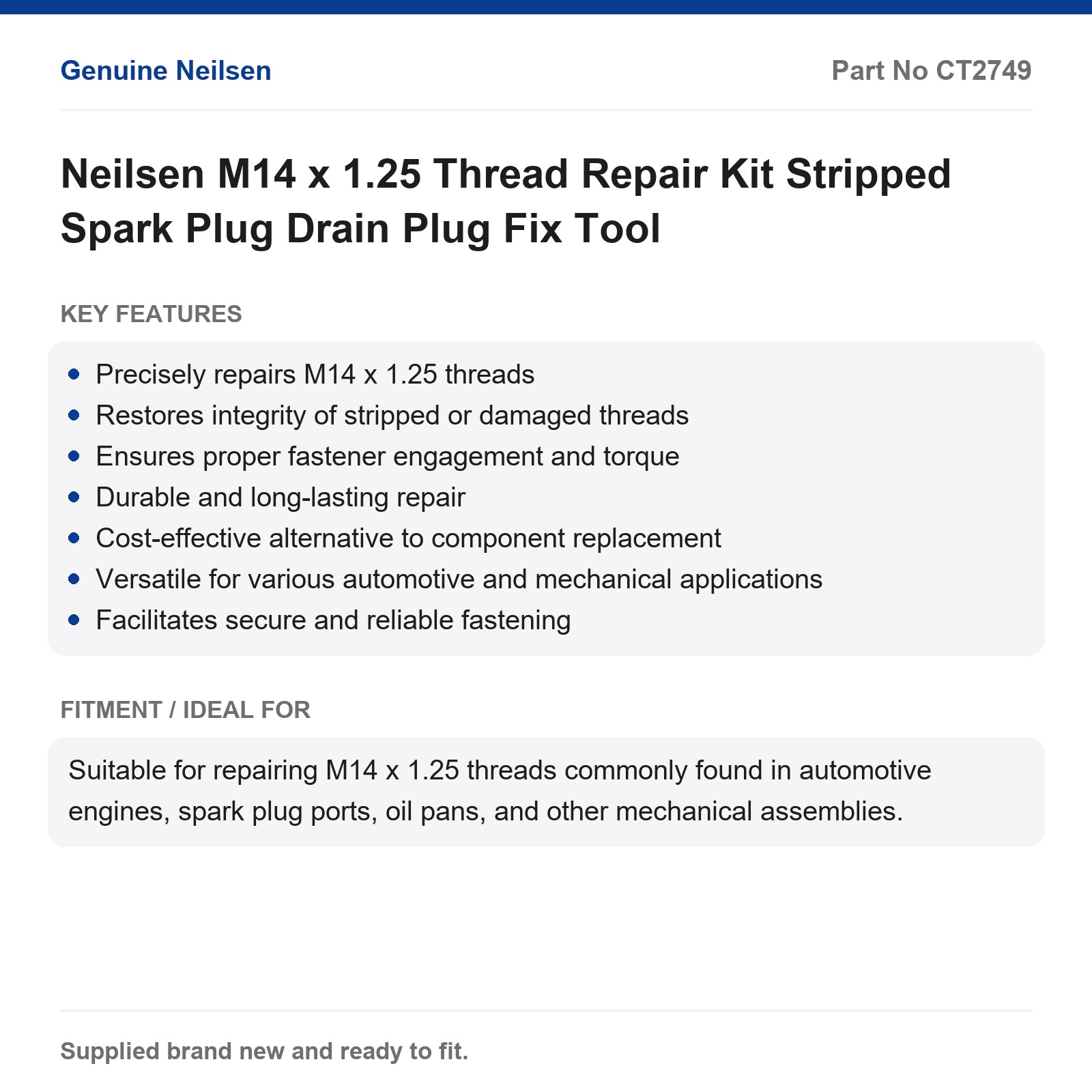 Thread Repair Kit M14 x 1.25 Neilsen Stripped Spark Plug Drain Plug - Image 2