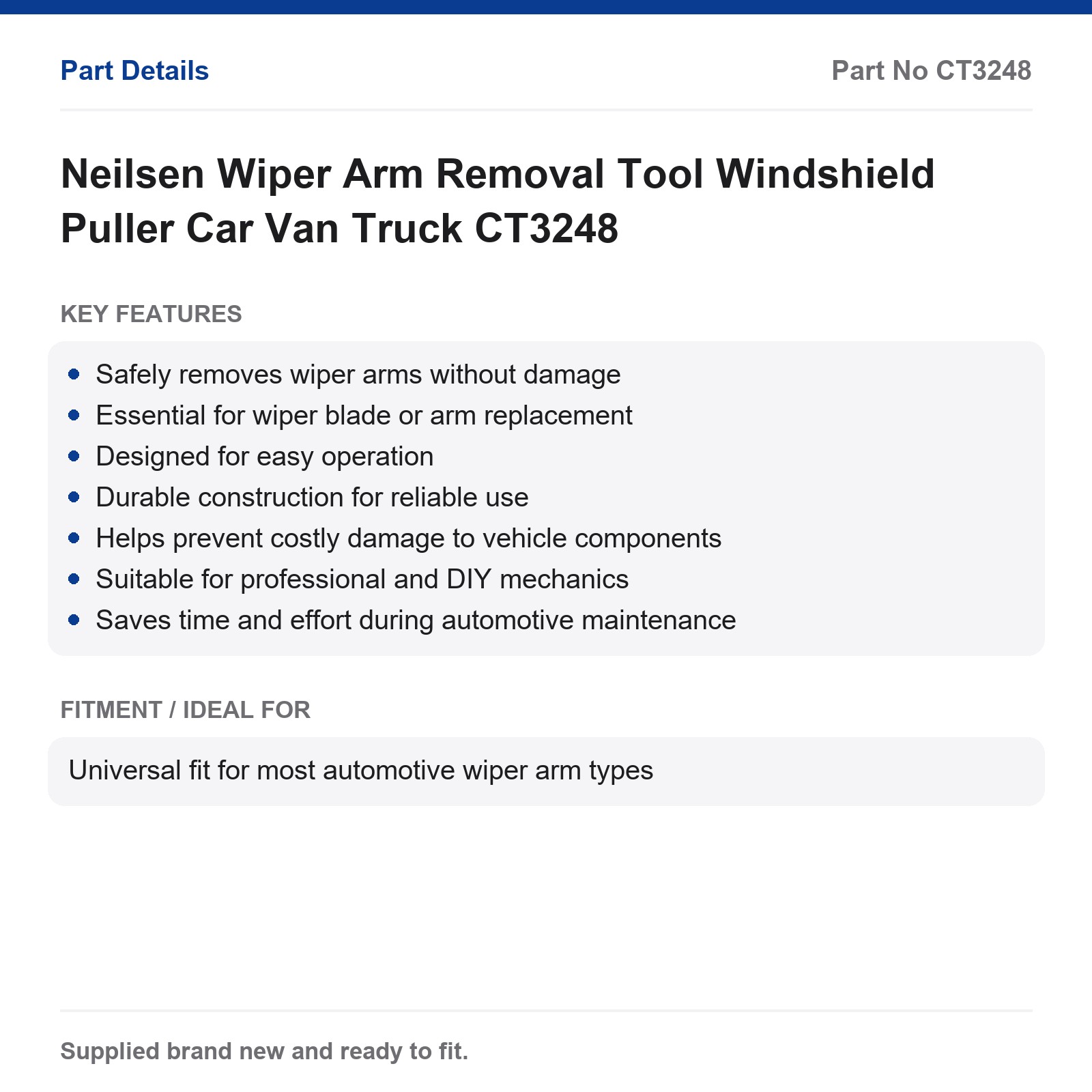 Neilsen Wiper Arm Removal Tool Windshield Puller Car Van Truck CT3248 - Image 2