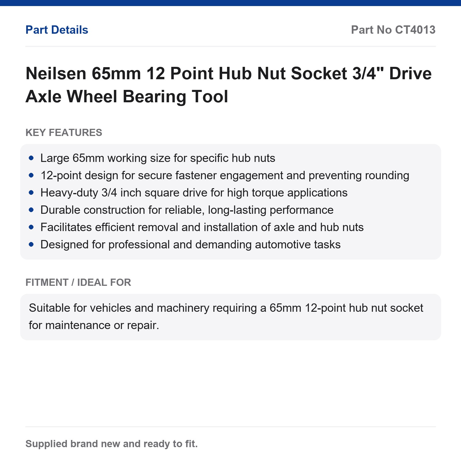 Neilsen 65mm 12 Point Hub Nut Socket 3/4" Drive Axle Wheel Bearing Tool - Image 2