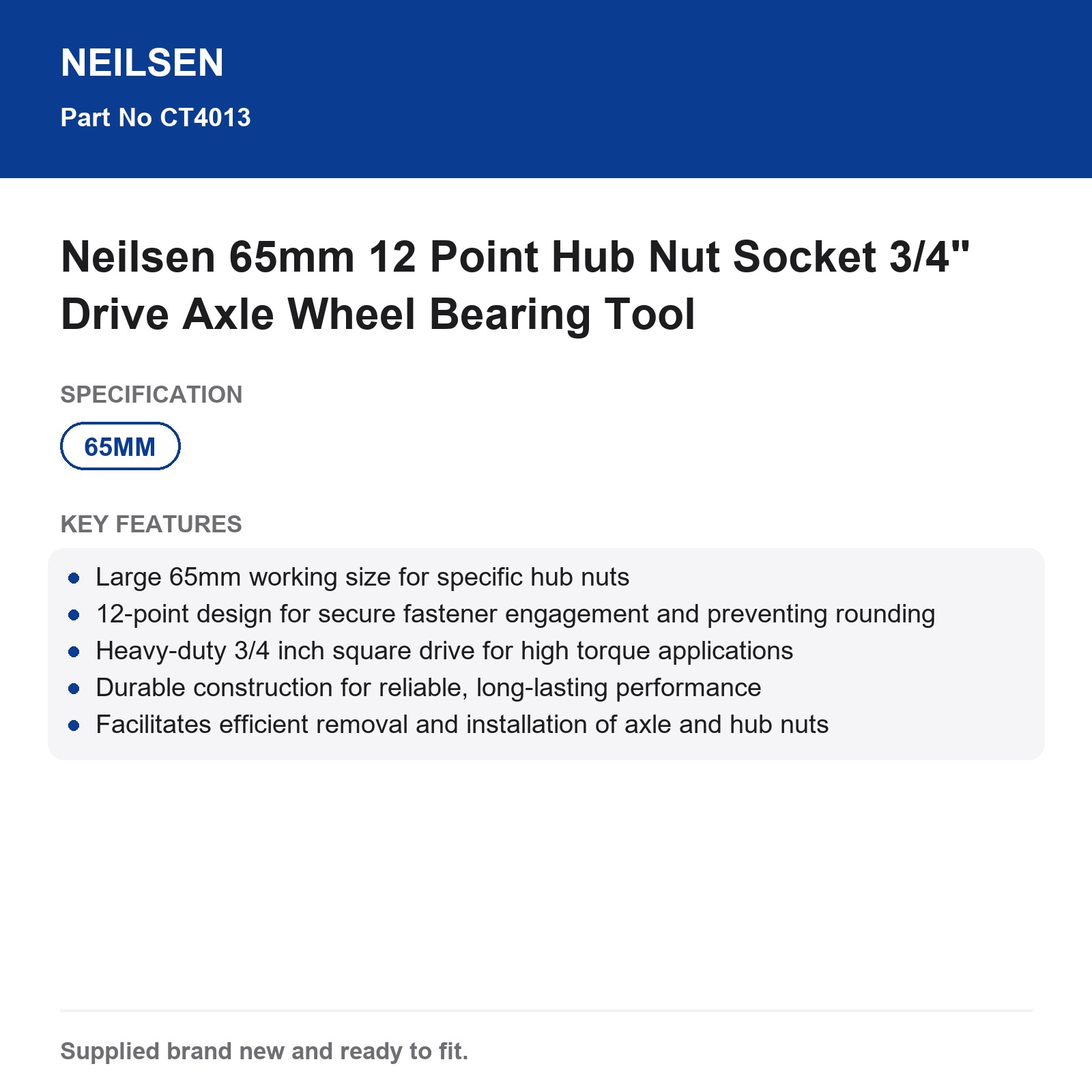 Neilsen 65mm 12 Point Hub Nut Socket 3/4" Drive Axle Wheel Bearing Tool - Image 3