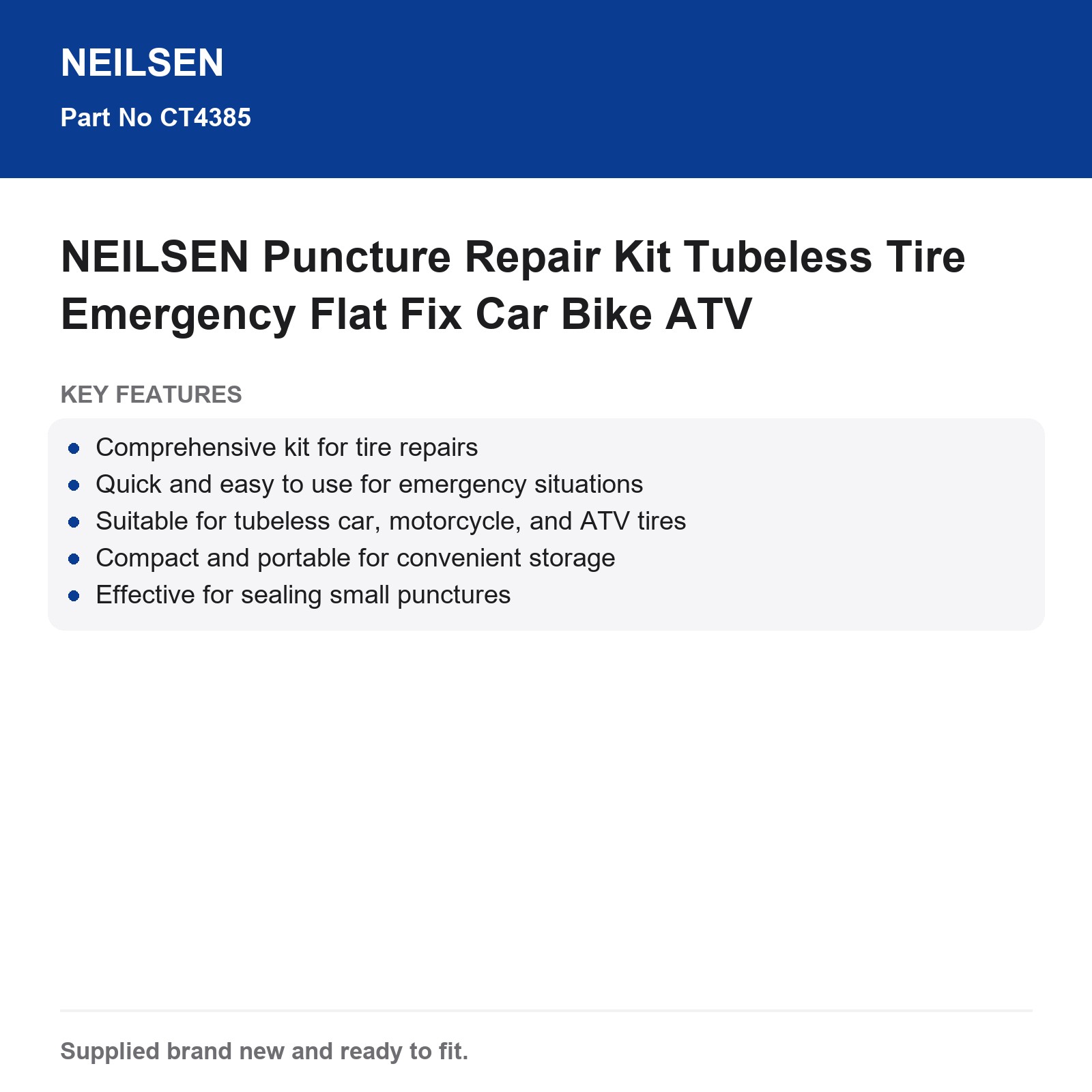 NEILSEN Puncture Repair Kit Tubeless Tire Emergency Flat Fix Car Bike ATV - Image 3