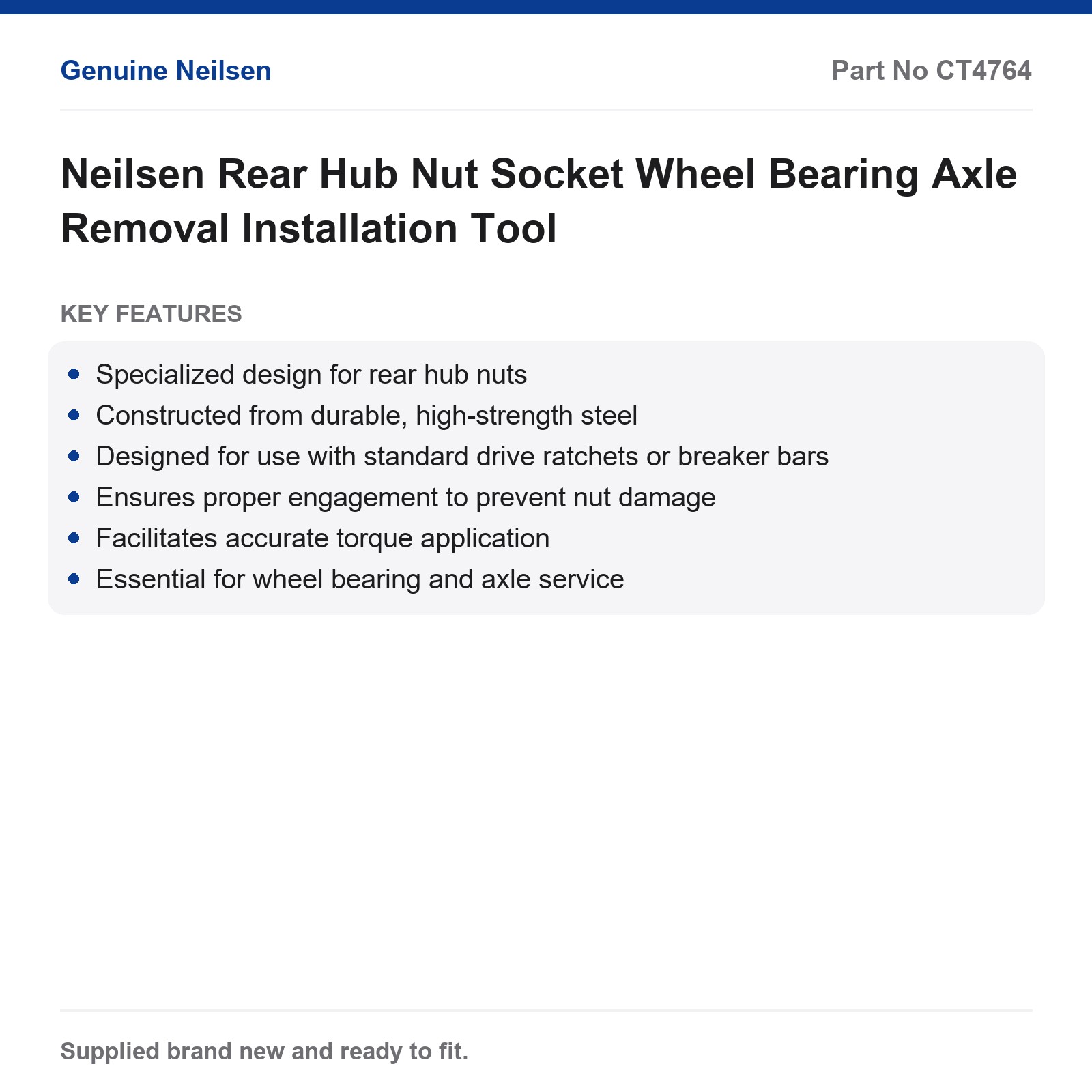 Neilsen Rear Hub Nut Socket Wheel Bearing Axle Removal Installation Tool - Image 2