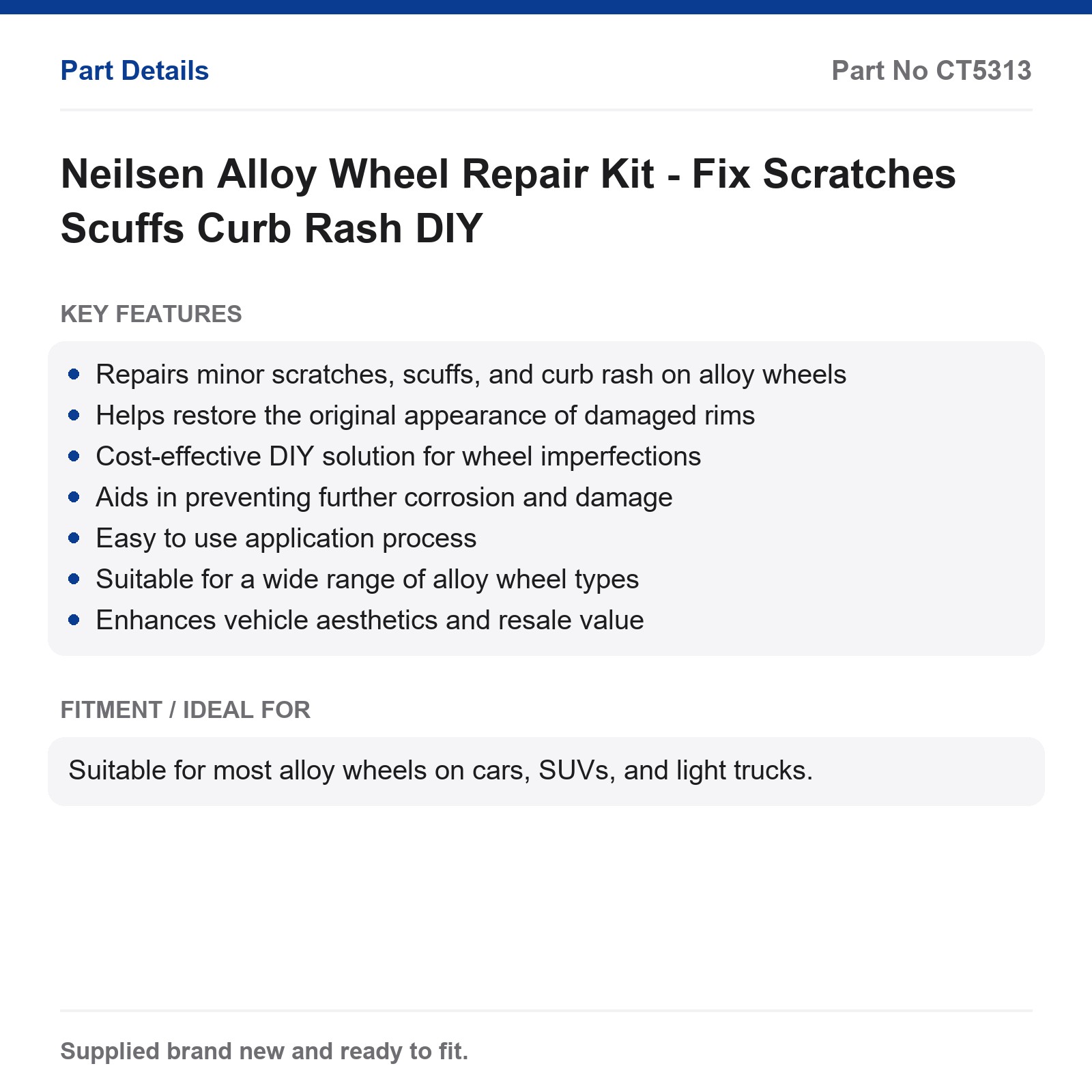 Neilsen Alloy Wheel Repair Kit - Fix Scratches Scuffs Curb Rash DIY - Image 2