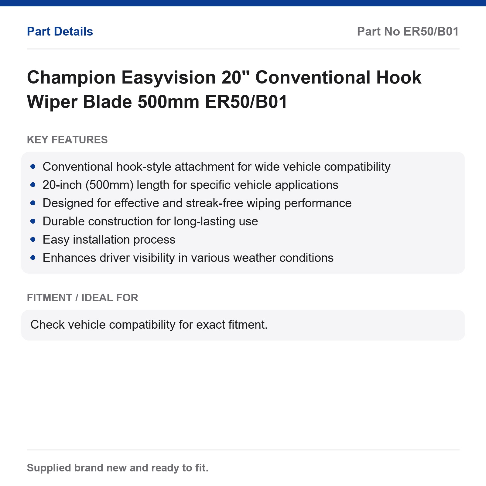 Champion 20" Conventional Hook Wiper Blade 500mm ER50/B01 - Image 2