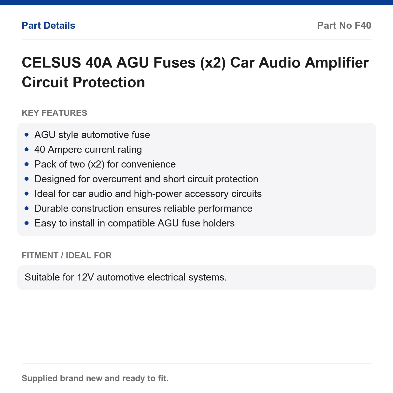 CELSUS 40A AGU Fuses (x2) Car Audio Amplifier Protection - Image 2