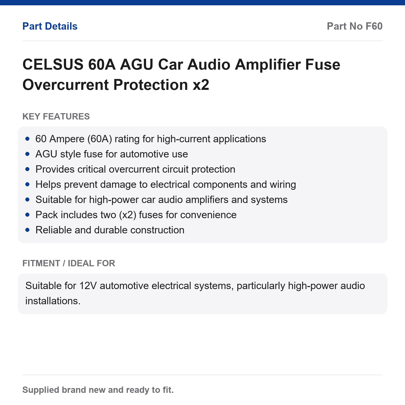 CELSUS 60A AGU Car Audio Amplifier Fuse x2 - Image 2