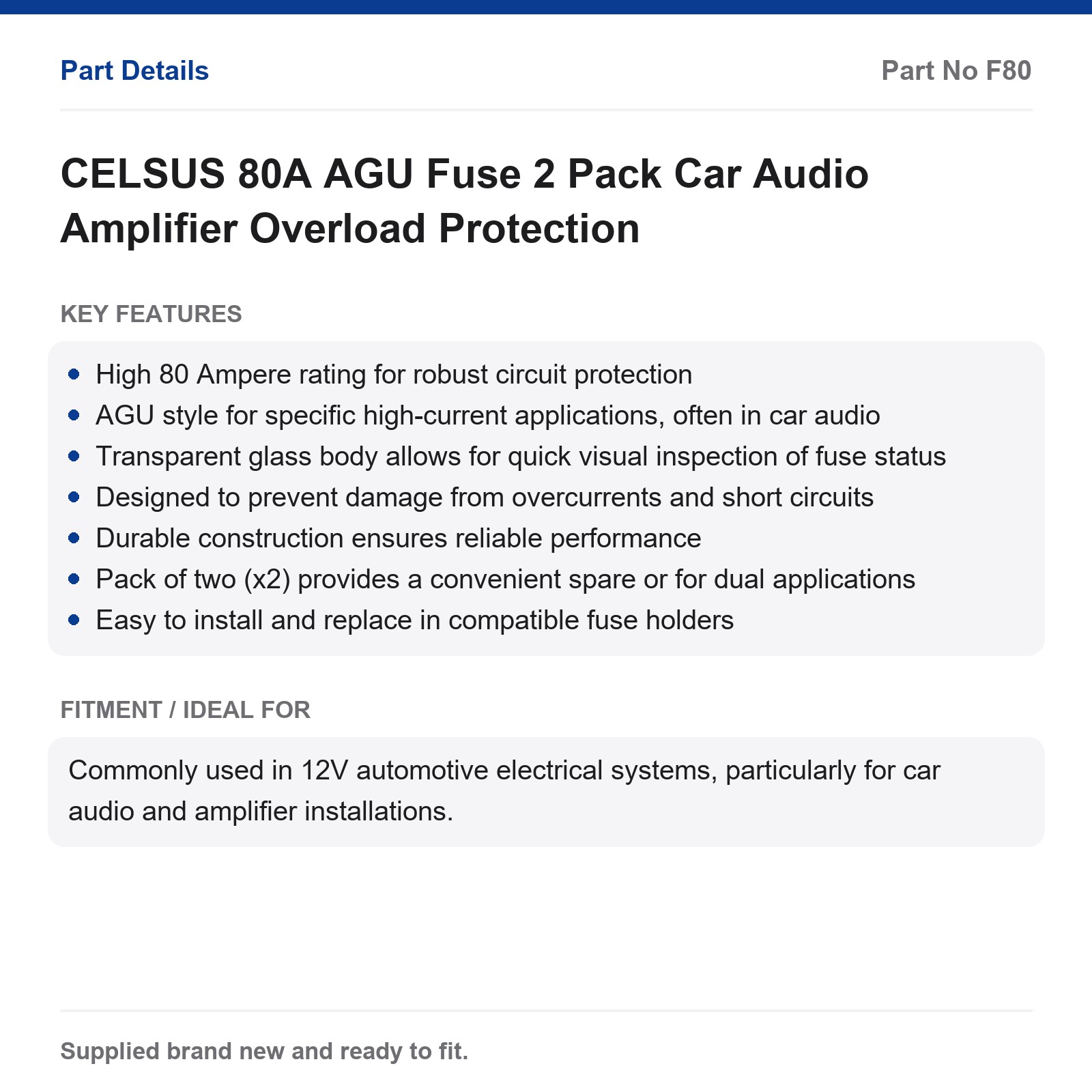 CELSUS 80A AGU Fuse 2 Pack Car Audio Amplifier Overload Protection - Image 2