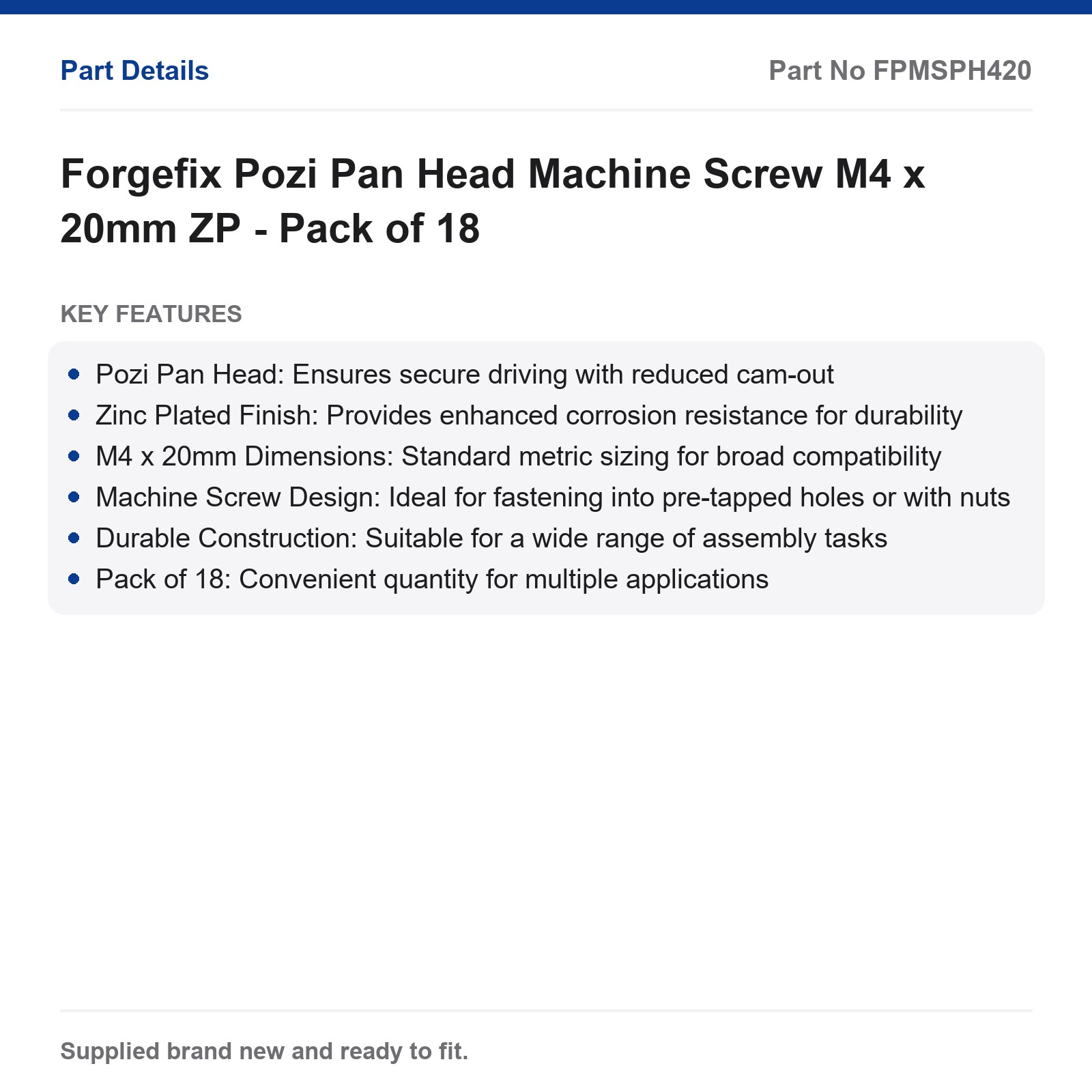 M4 x 20mm Pozi Pan Head Machine Screw ZP Forgefix 18 Pack - Image 2