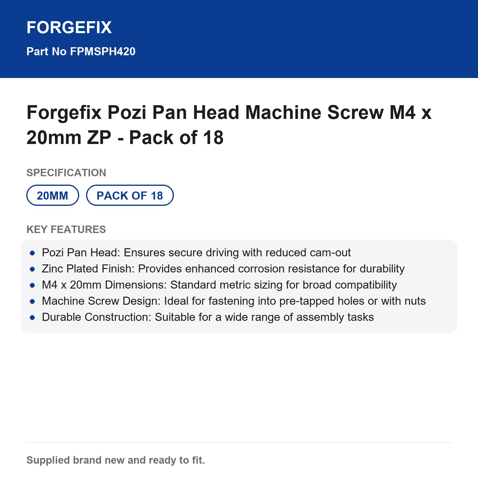 M4 x 20mm Pozi Pan Head Machine Screw ZP Forgefix 18 Pack - Image 3