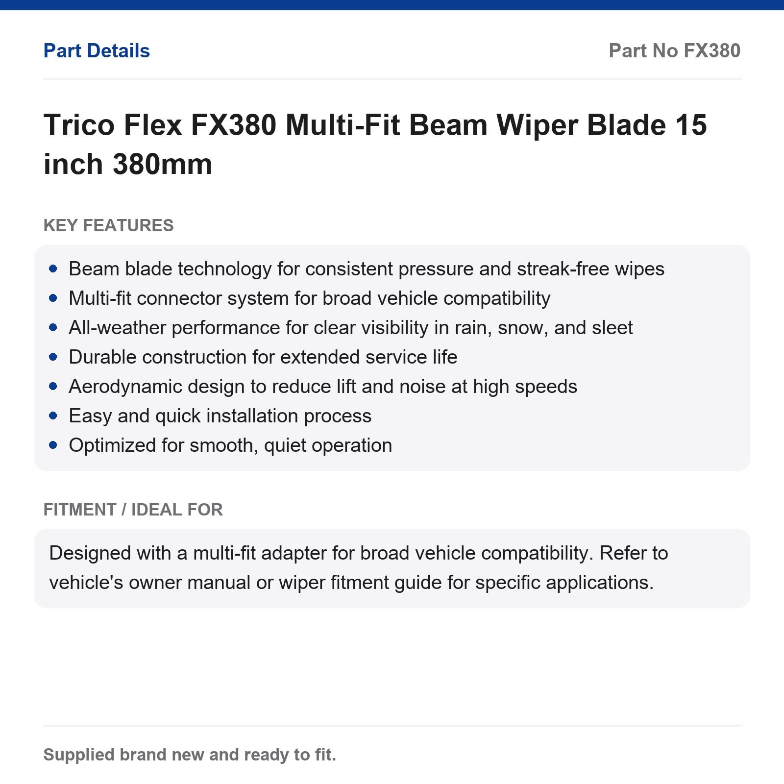 Trico Flex FX380 15 inch Wiper Blade Beam Multi-Fit 380mm - Image 2