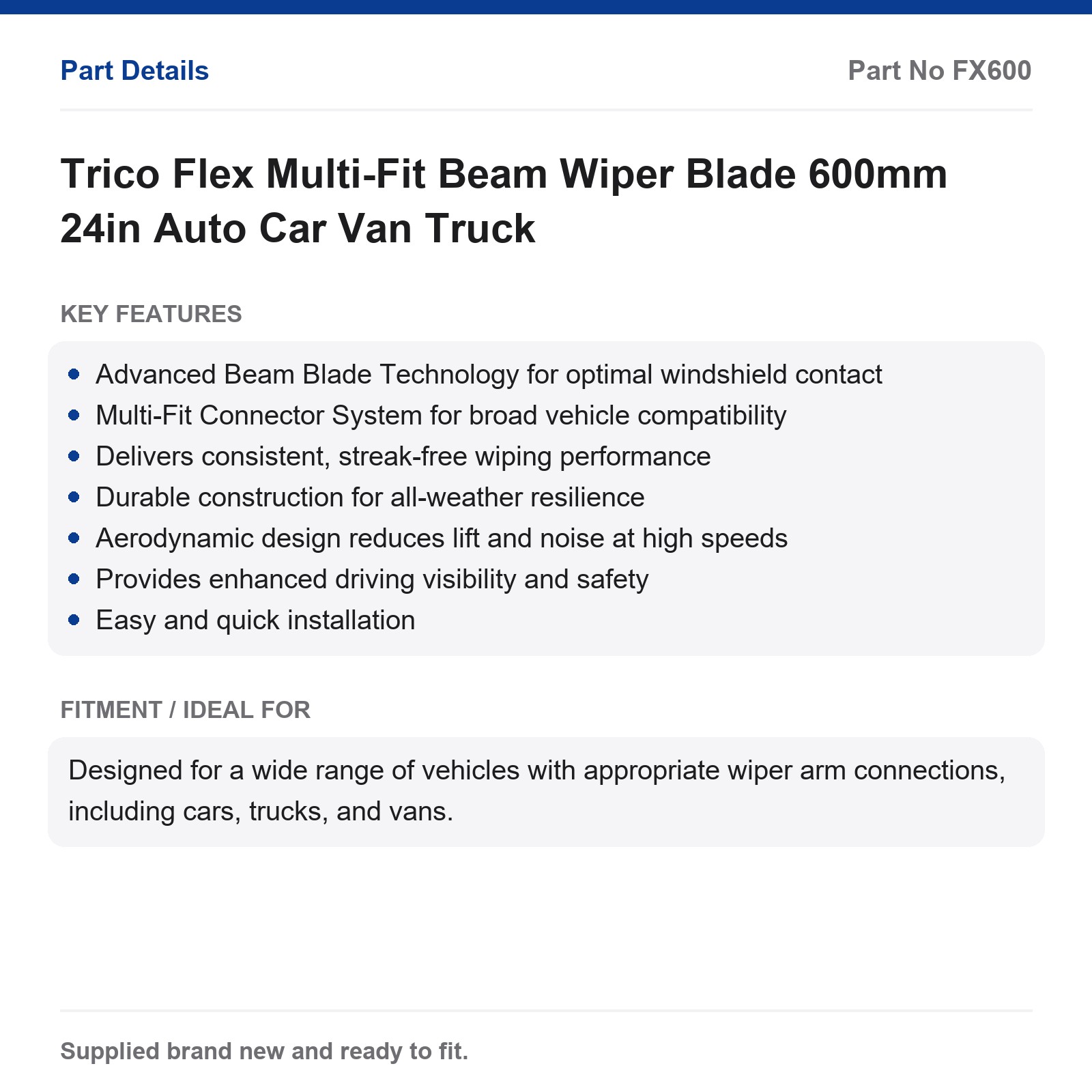 Trico Flex Multi-Fit Beam Wiper Blade 600mm 24in Car Van - Image 2