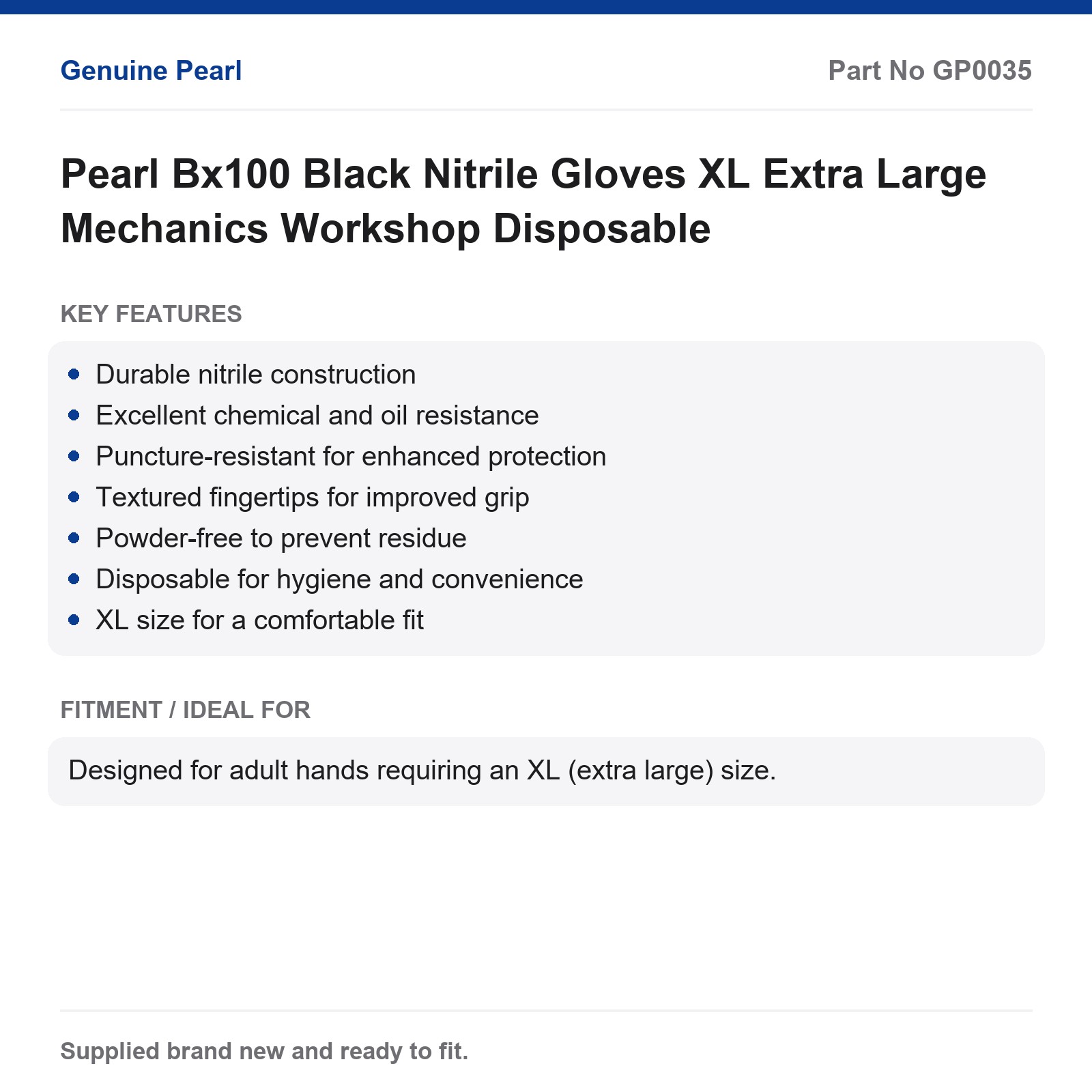 Pearl Bx100 Black Nitrile Gloves XL Disposable Mechanics Workshop - Image 2