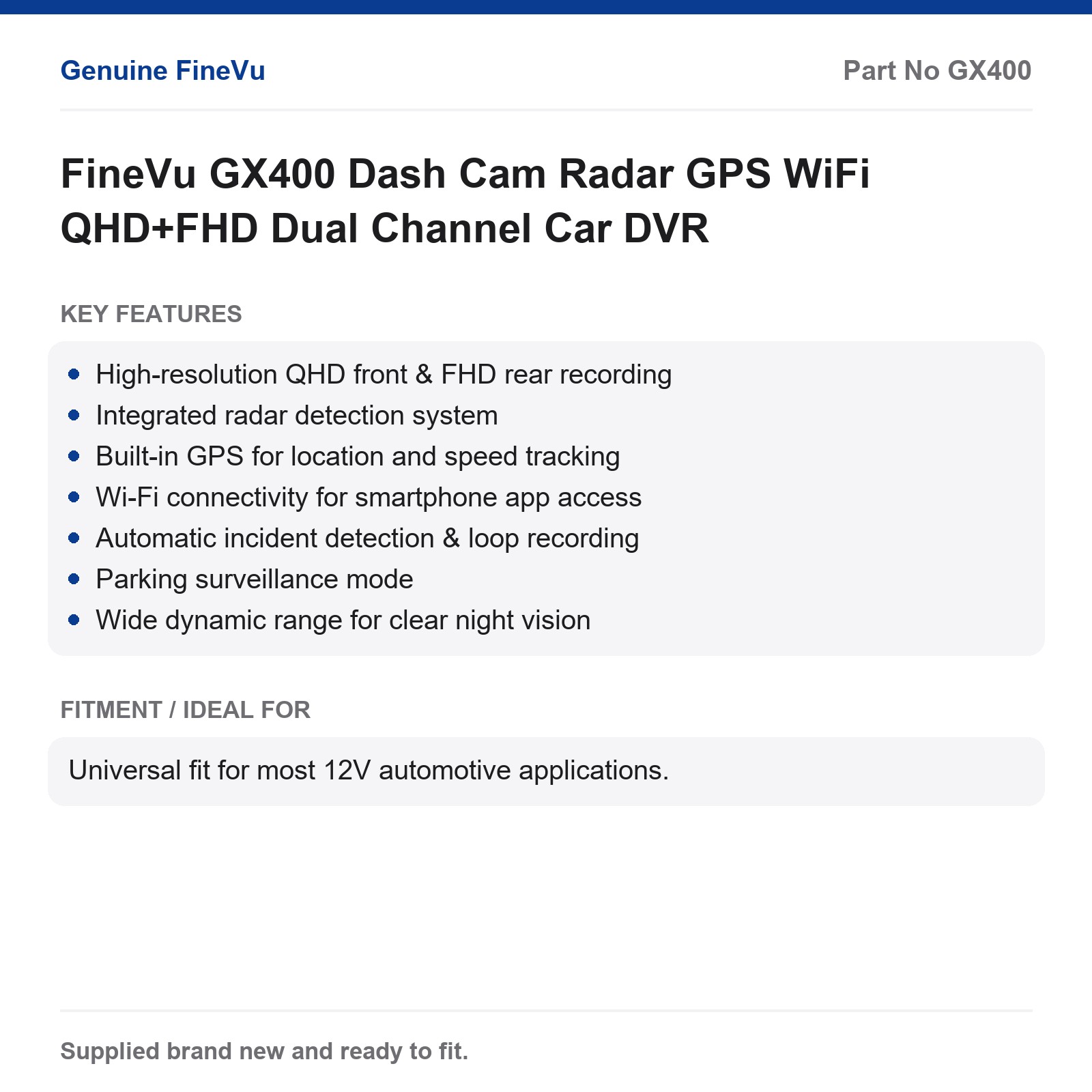 FineVu GX400 Dash Cam Radar GPS WiFi QHD+FHD Dual Channel - Image 2