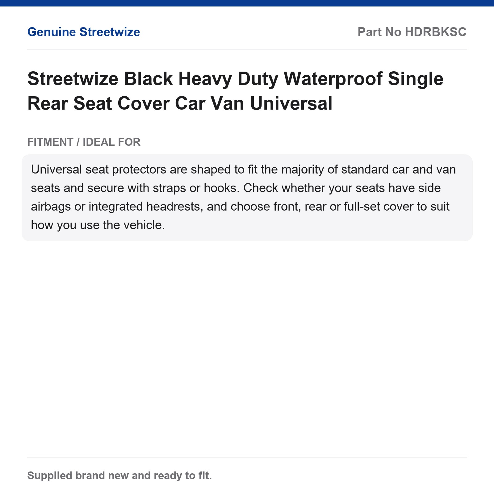 Streetwize Waterproof Single Rear Seat Cover Heavy Duty Black Car Van Universal - Image 5
