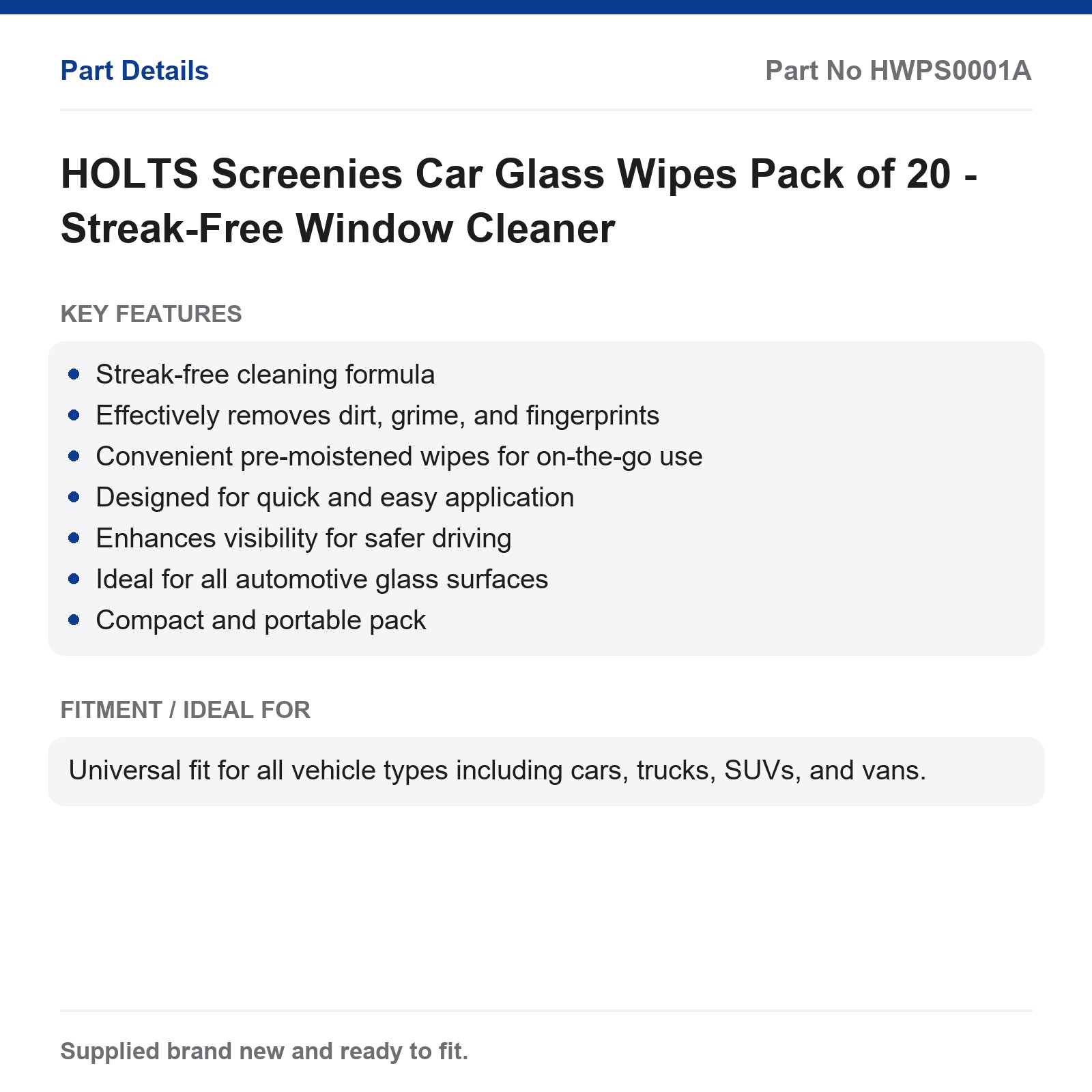 HOLTS Screenies Car Glass Wipes Window Cleaner Streak-Free 20 Pack - Image 3