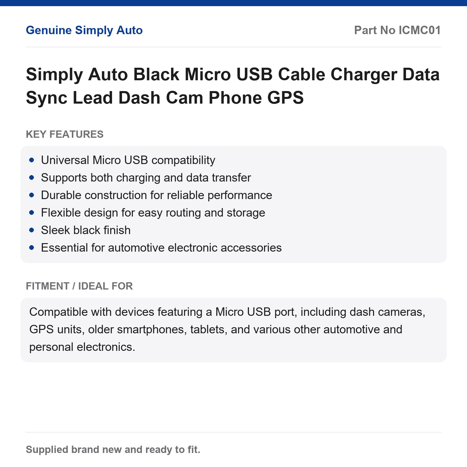 Micro USB Cable Black Charger Data Sync Lead Simply Auto Dash Cam Phone GPS - Image 2
