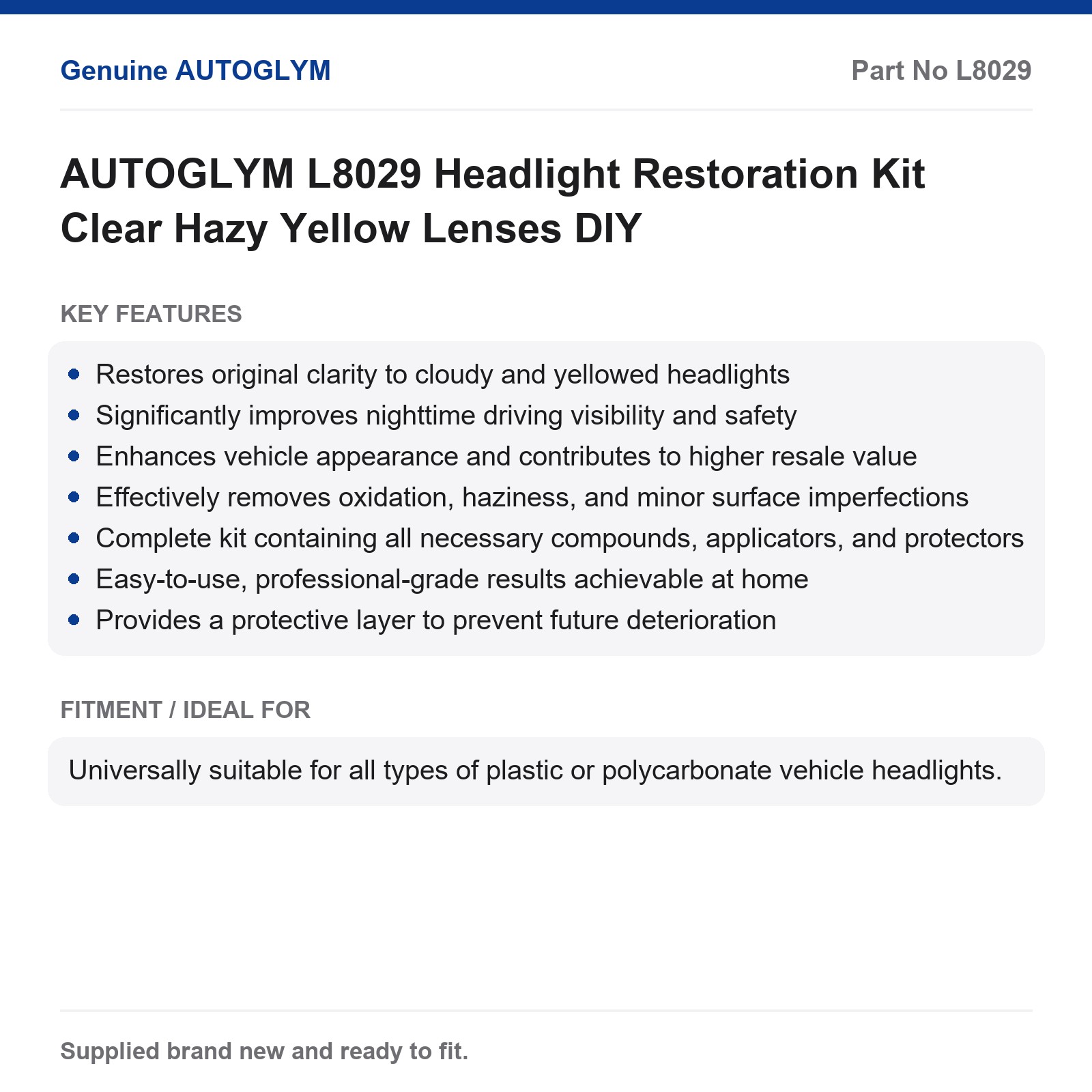 AUTOGLYM L8029 Headlight Restoration Kit Hazy Yellow Headlights DIY - Image 2