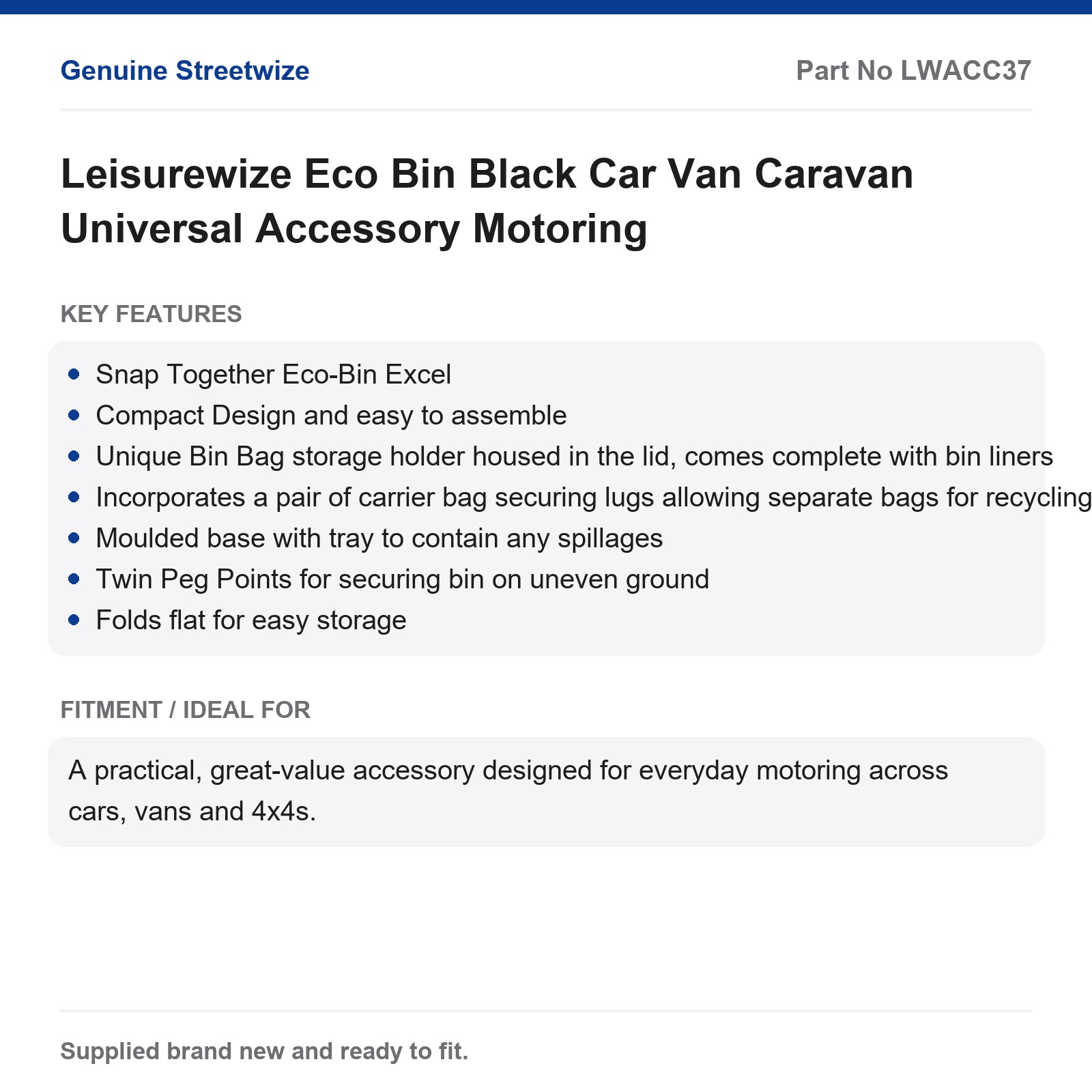 Streetwize Eco Bin Black Car Van Caravan Universal Vehicle Bin - Image 5