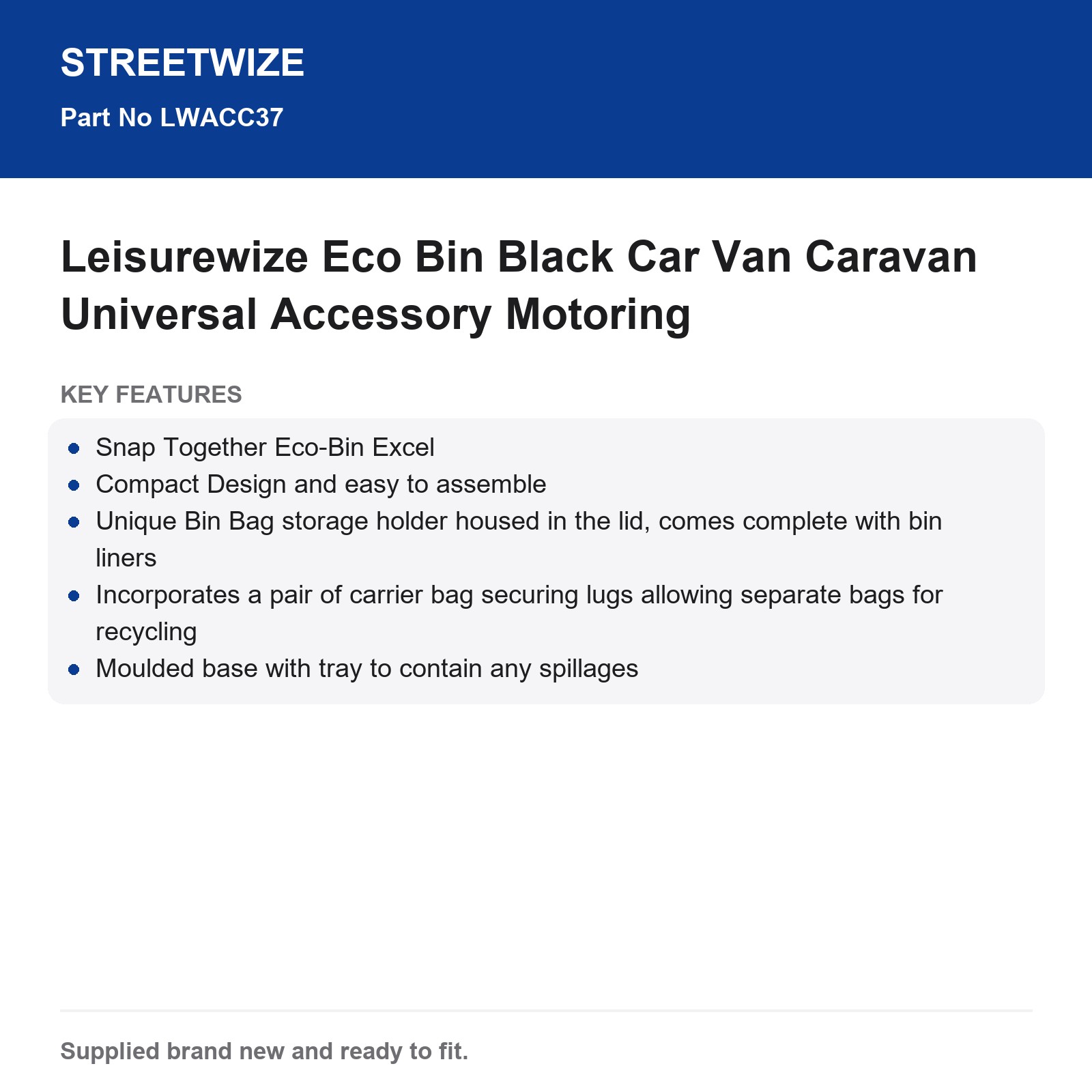 Streetwize Eco Bin Black Car Van Caravan Universal Vehicle Bin - Image 6
