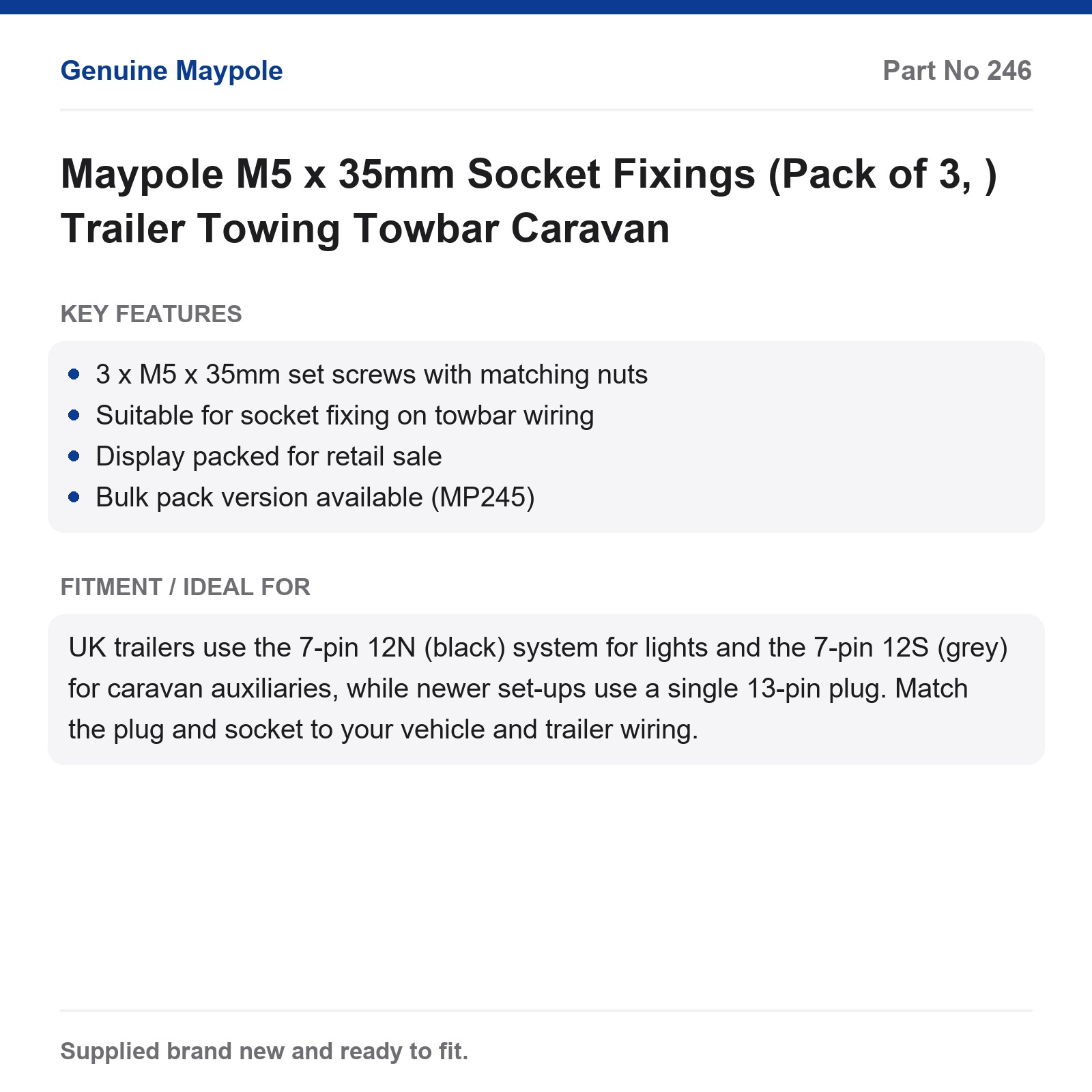 Trailer Towbar Socket Fixings M5x35mm Screws Nuts Maypole 3 Pack - Image 4