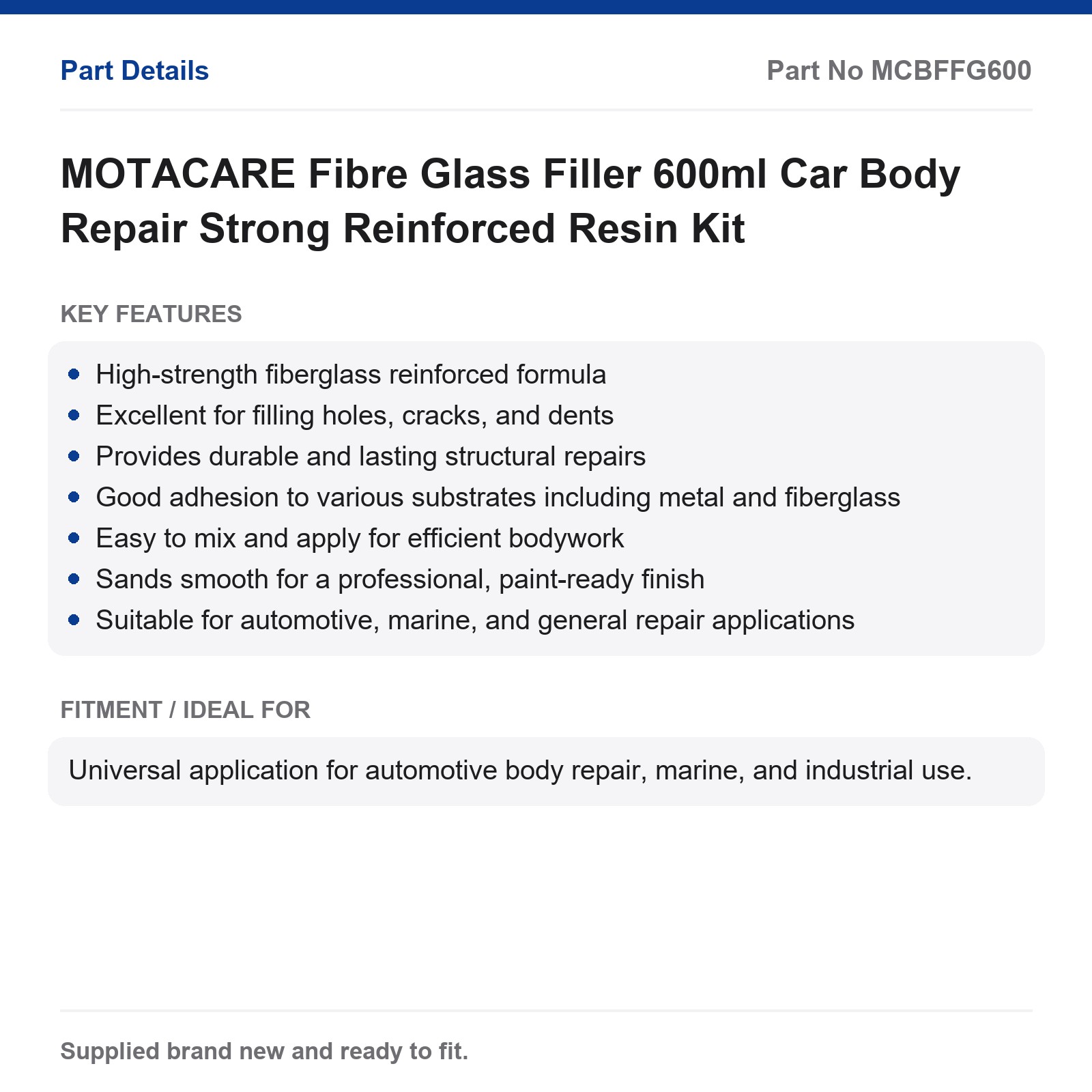 MOTACARE Fibre Glass Filler 600ml Car Body Repair Reinforced Kit - Image 2