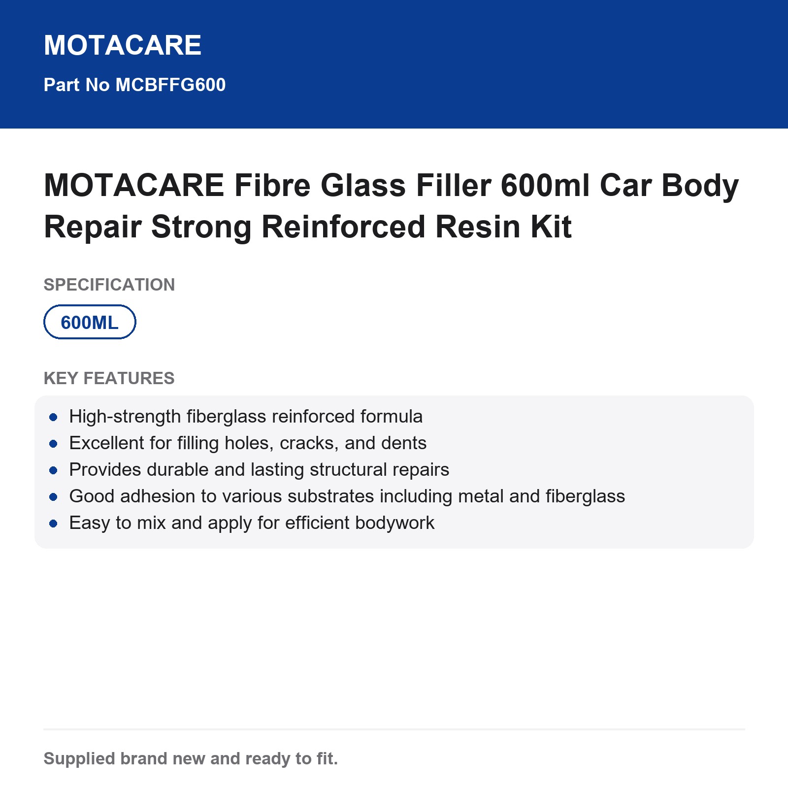 MOTACARE Fibre Glass Filler 600ml Car Body Repair Reinforced Kit - Image 3