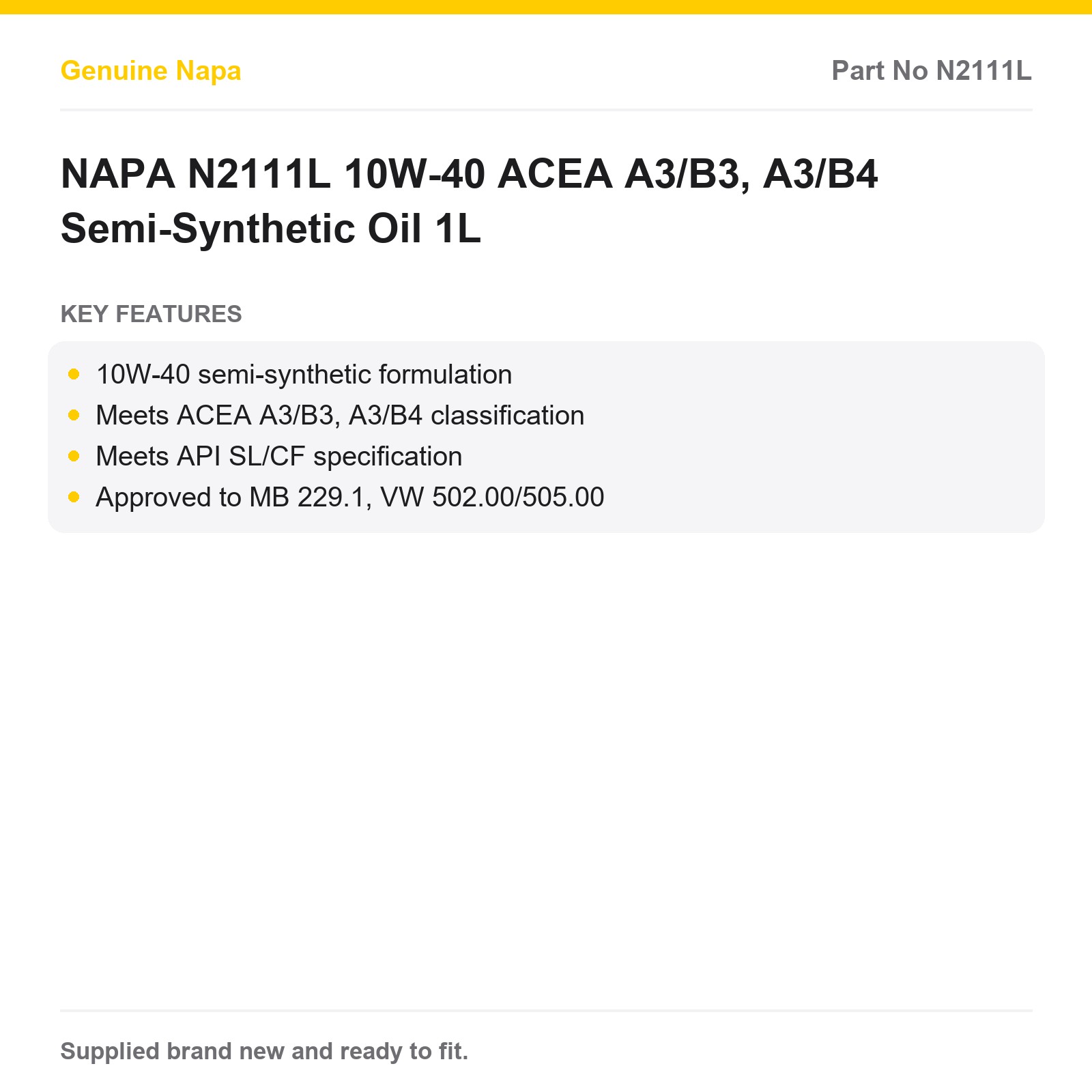 NAPA N2111L 10W-40 Semi-Synthetic Engine Oil ACEA A3/B3 A3/B4 1L - Image 2