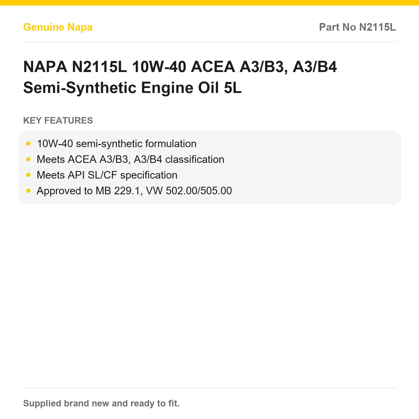 NAPA N2115L Semi-Synthetic 10W-40 Engine Oil ACEA A3/B3 A3/B4 5L - Image 2