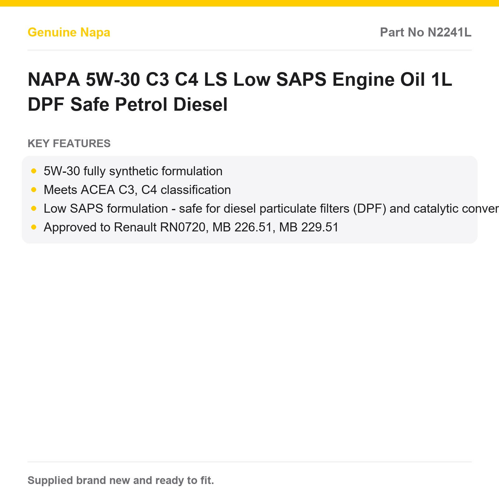 NAPA 5W-30 C3 C4 Low SAPS Engine Oil 1L DPF Safe Petrol Diesel - Image 2